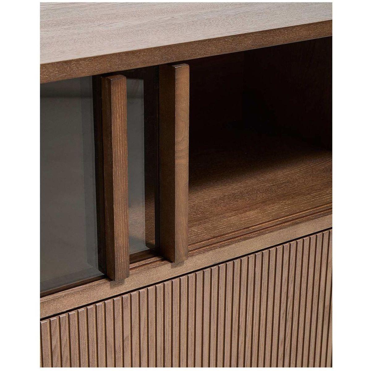 Helvine TV-Möbel 4 Türen und 2 Schubladen Eschenholzfurnier dunkles Nussbaum-Finish und gehärtetem Glas 200x54 FSC 100%
