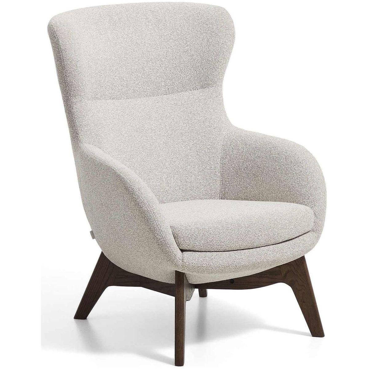 Ohrensessel Adiran dicker Chenille Beige Beinen Eichenholz massiv Nussbaum-Finish