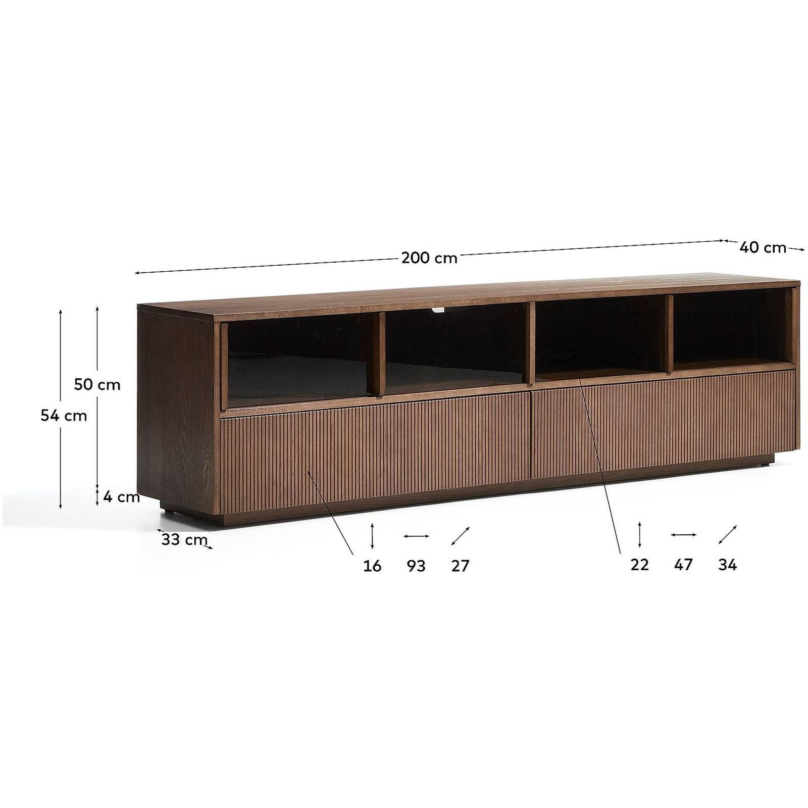 Helvine TV-Möbel 4 Türen und 2 Schubladen Eschenholzfurnier dunkles Nussbaum-Finish und gehärtetem Glas 200x54 FSC 100%