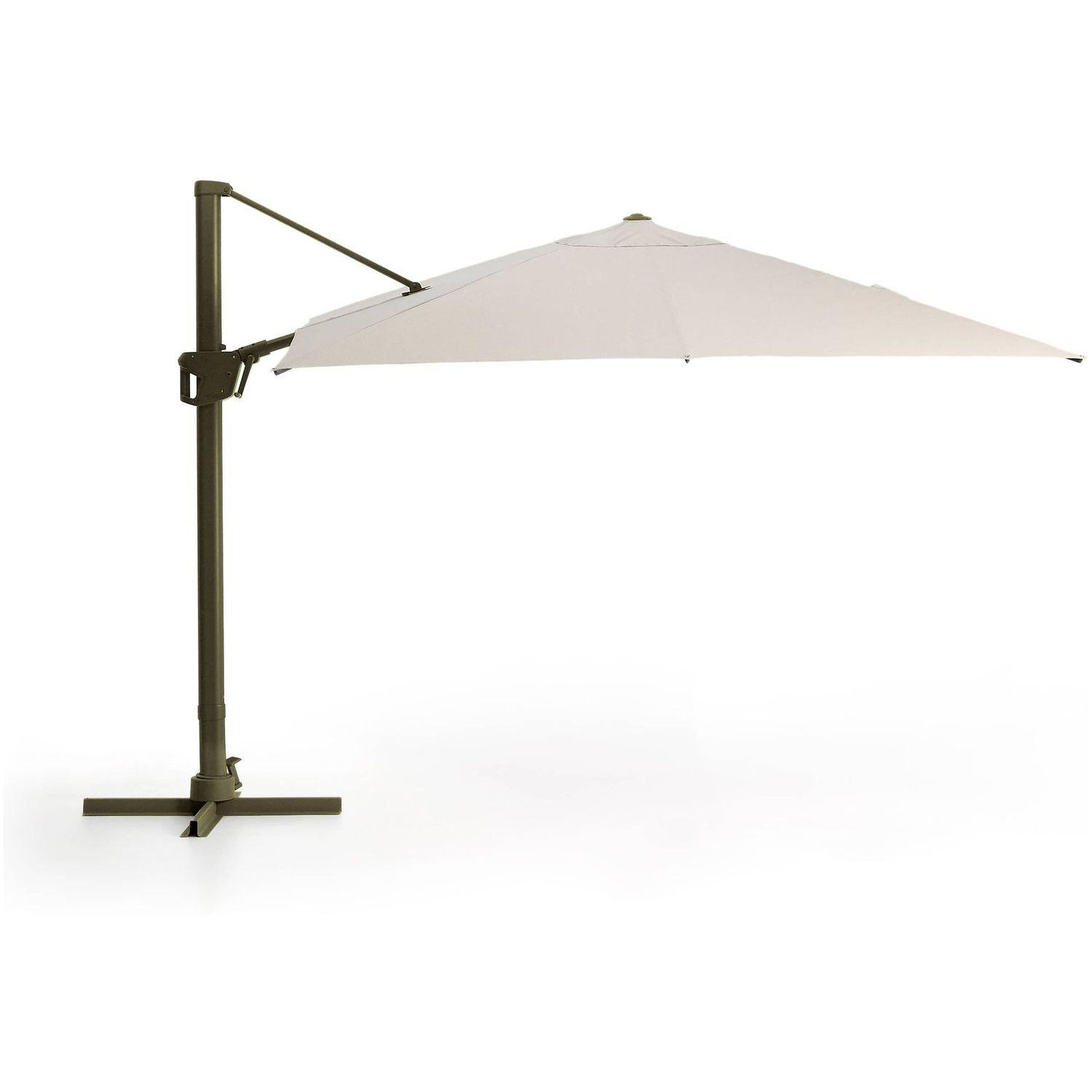 Exzentrischer Sonnenschirm Noli in Beige mit grünem Aluminiumgestell 300x300