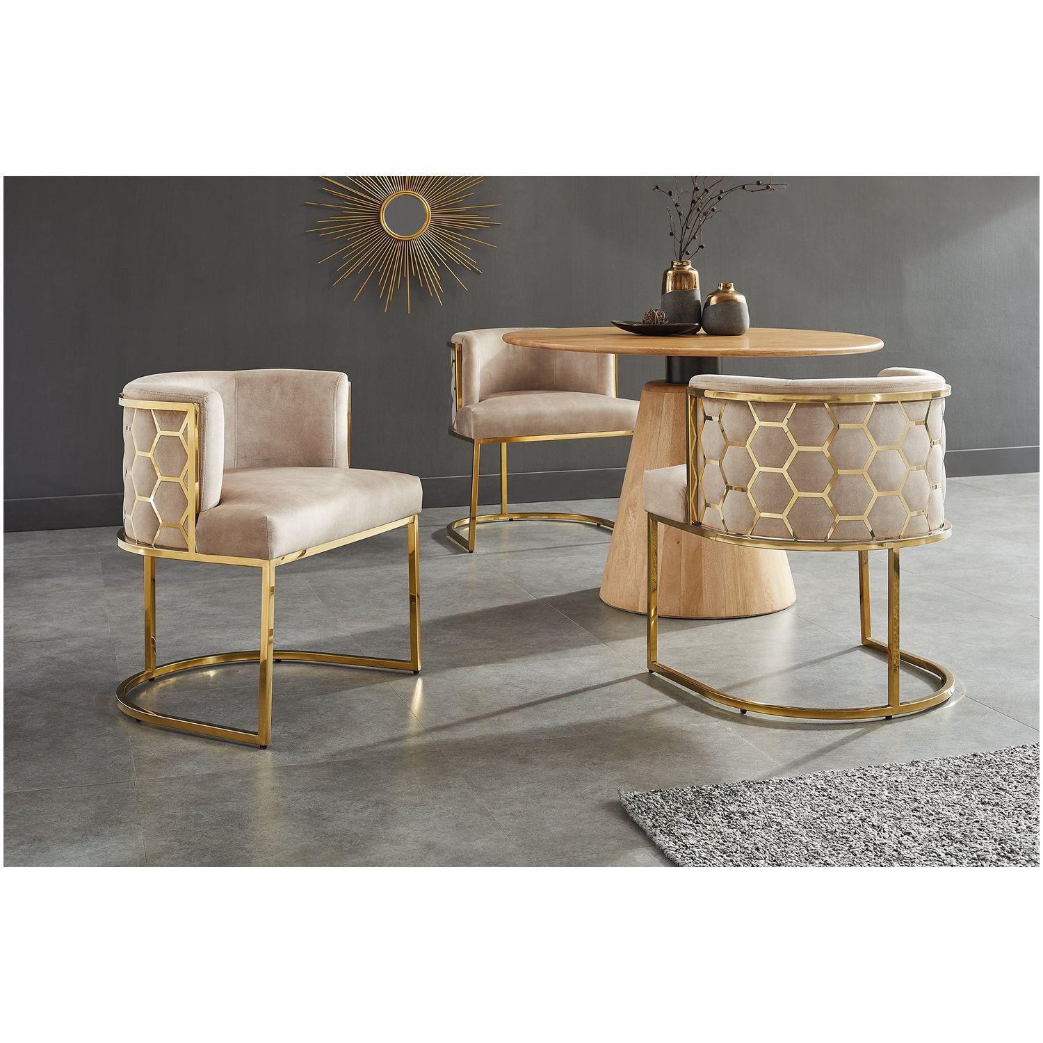 Design Armlehnstuhl Monaco Samt Stoff beige Edelstahl gold