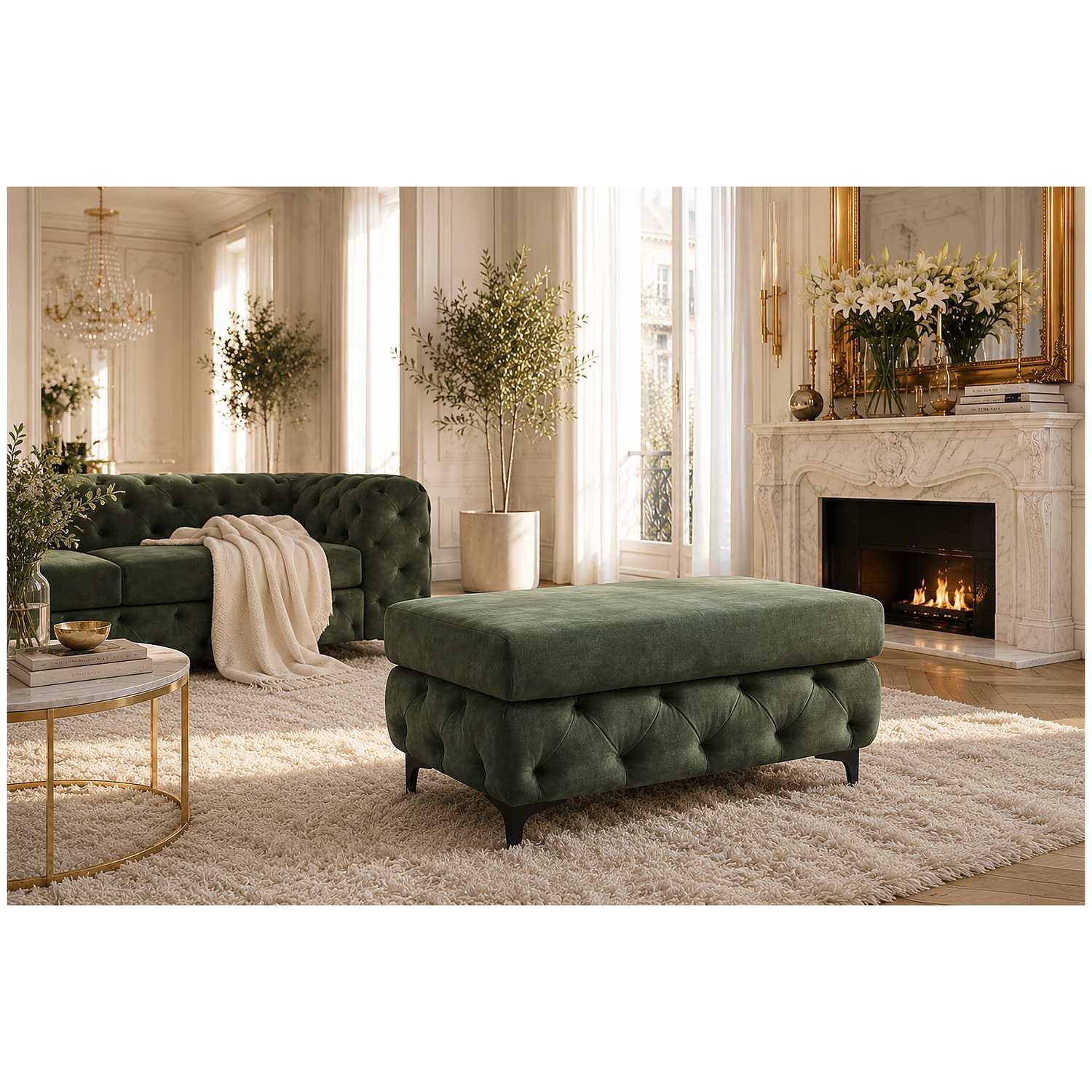 Chesterfield Polsterhocker Pomp Velvet Stoff dunkelgrün 95x62
