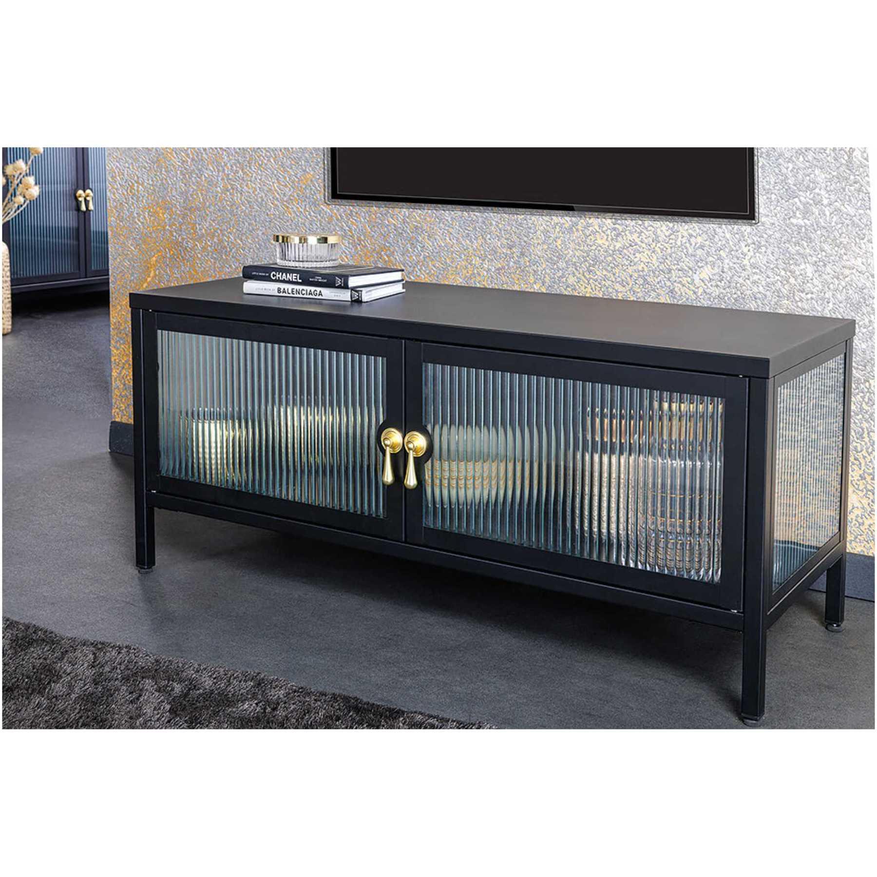 Standvitrine Lowboard London Metall schwarz geriffeltes Glas 90