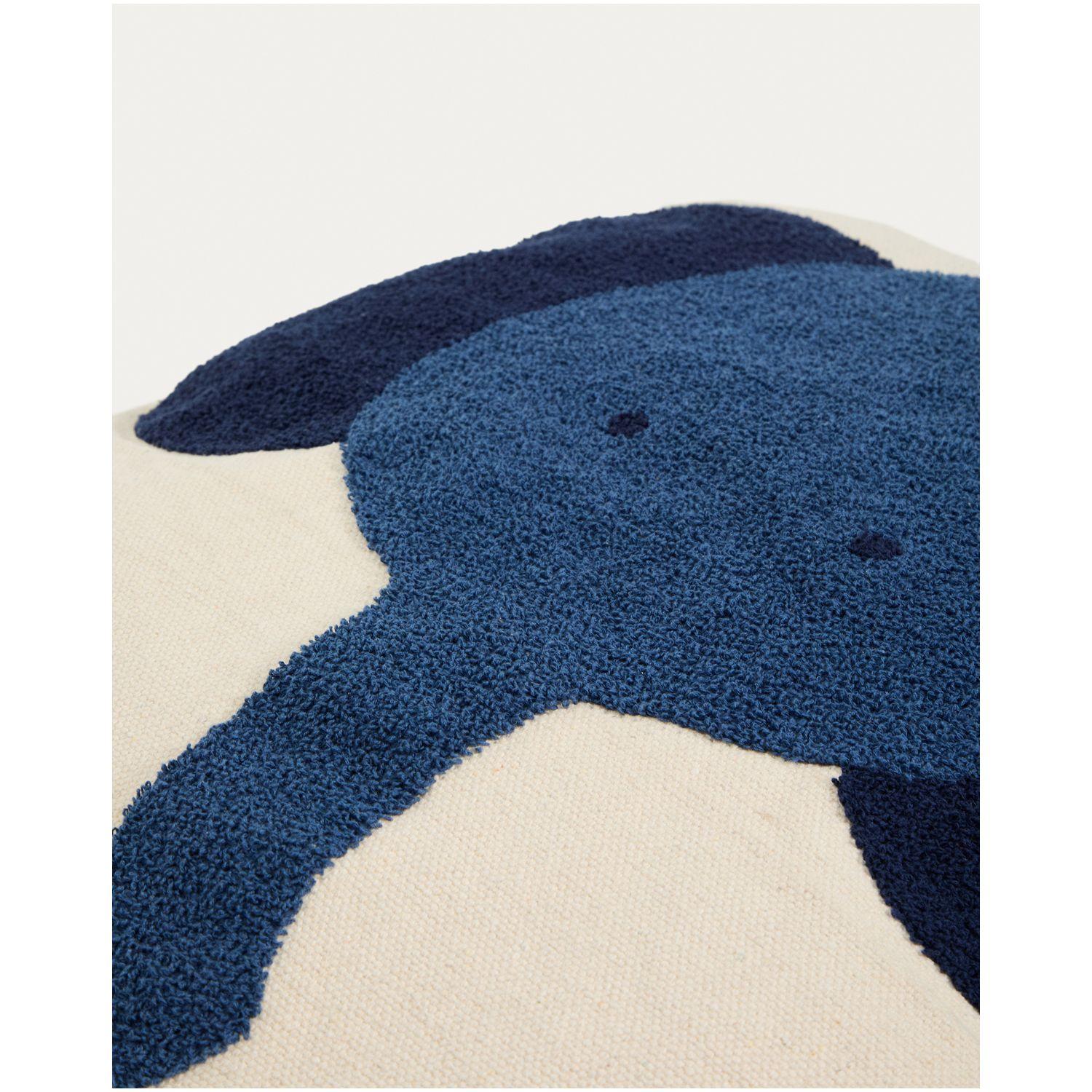 Beigefarbenes Bodenkissen Tandani mit blauem Elefanten 70 x 70 cm