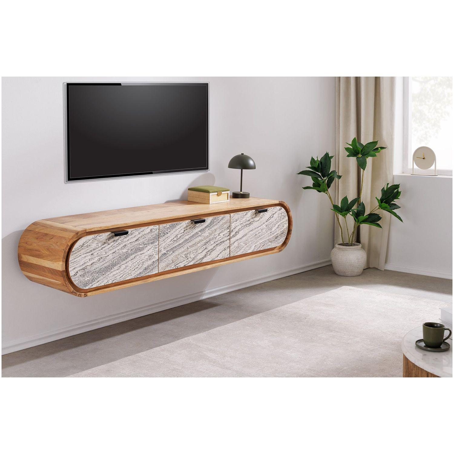 Wand TV Möbel abgerundet Jaro Akazienholz natur Natursteinoptik 160
