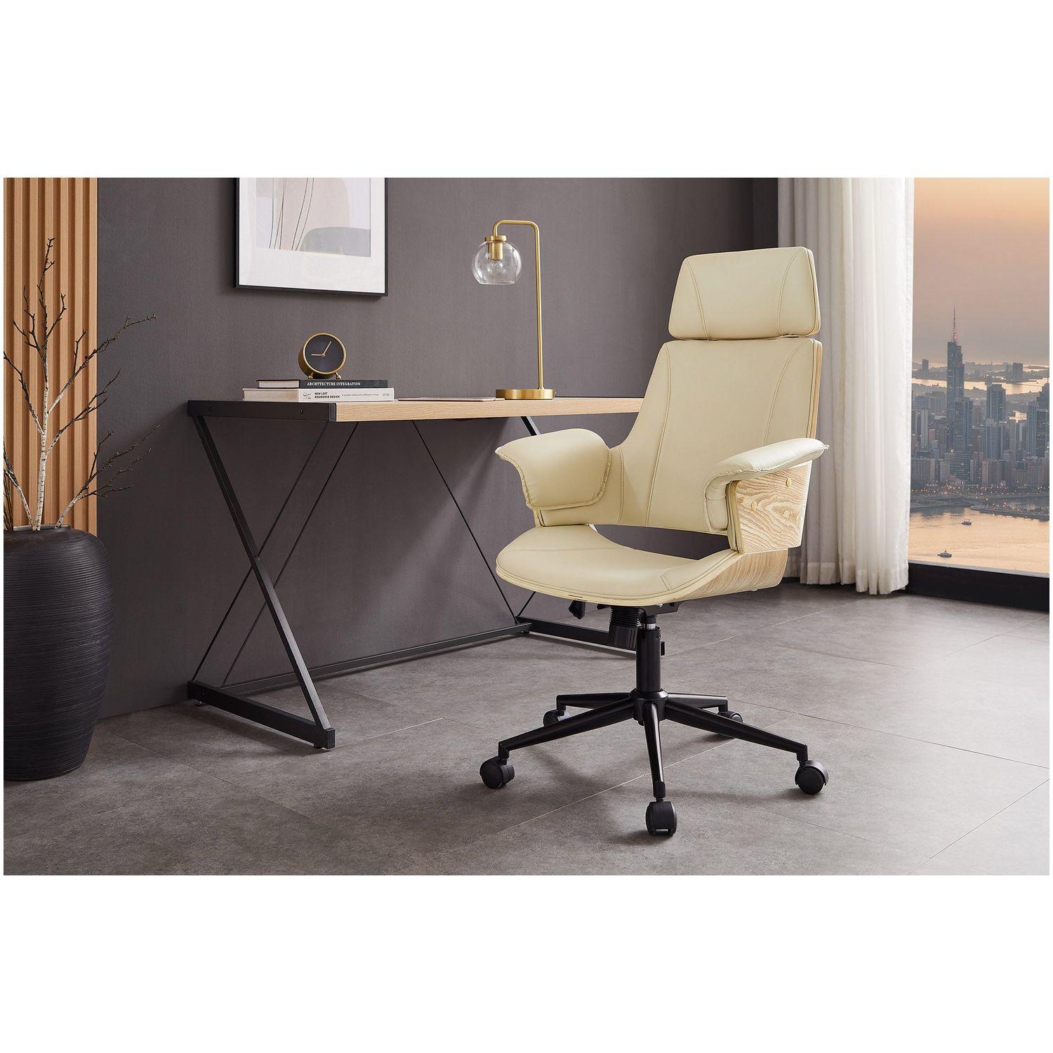 Bürodrehstuhl Capone Kunstleder creme-beige Rücken Eichenholzfurnier
