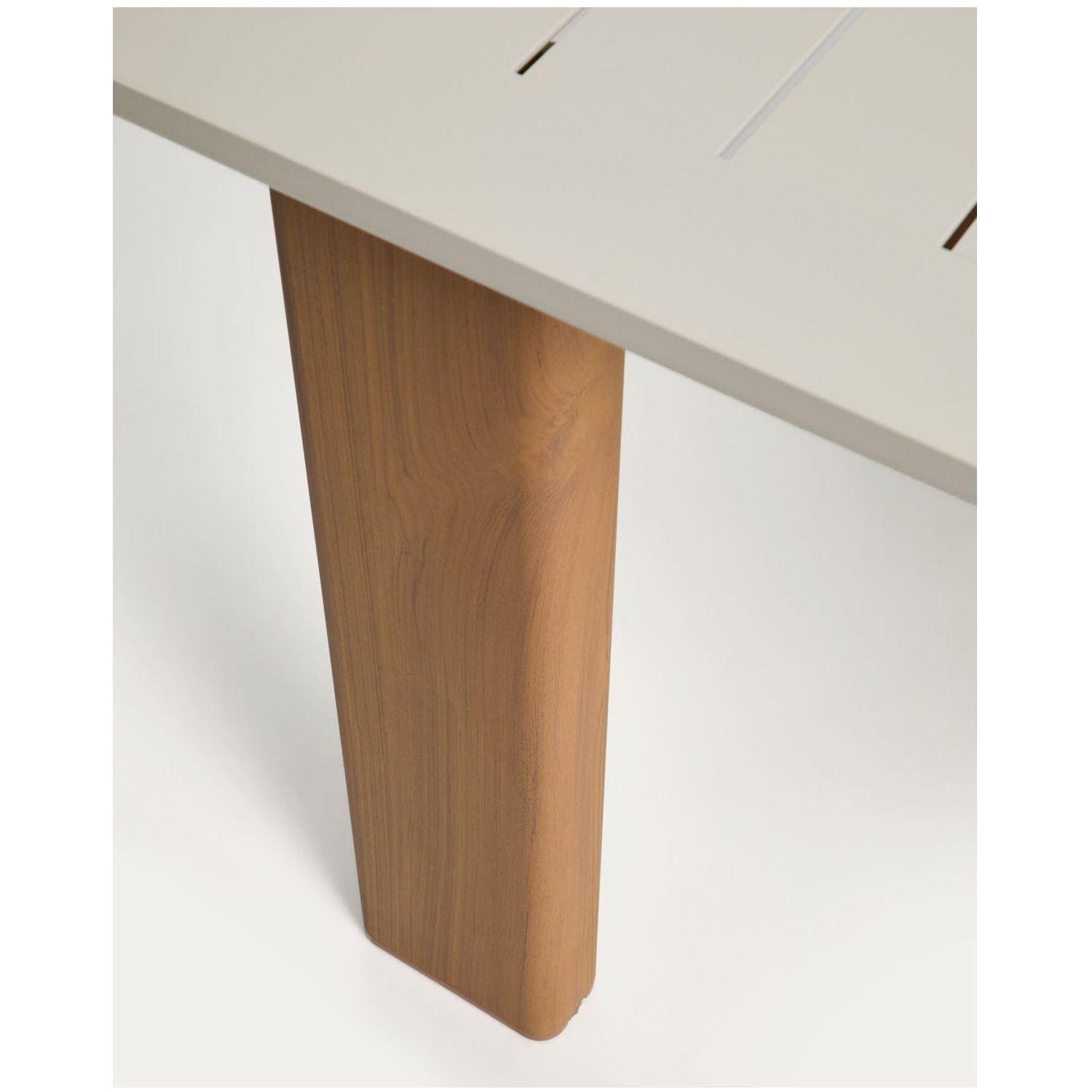 Ausziehtisch-Set Livorno aus Aluminium beige mit Holzoptik-Beinen und 6 Stapelstühlen Linosa aus Aluminium Ecru mit beigem Kissen 205-287x100
