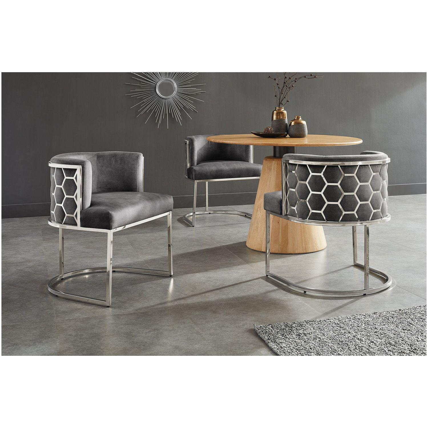 Design Armlehnstuhl Monaco Samt Stoff grau Edelstahl silber