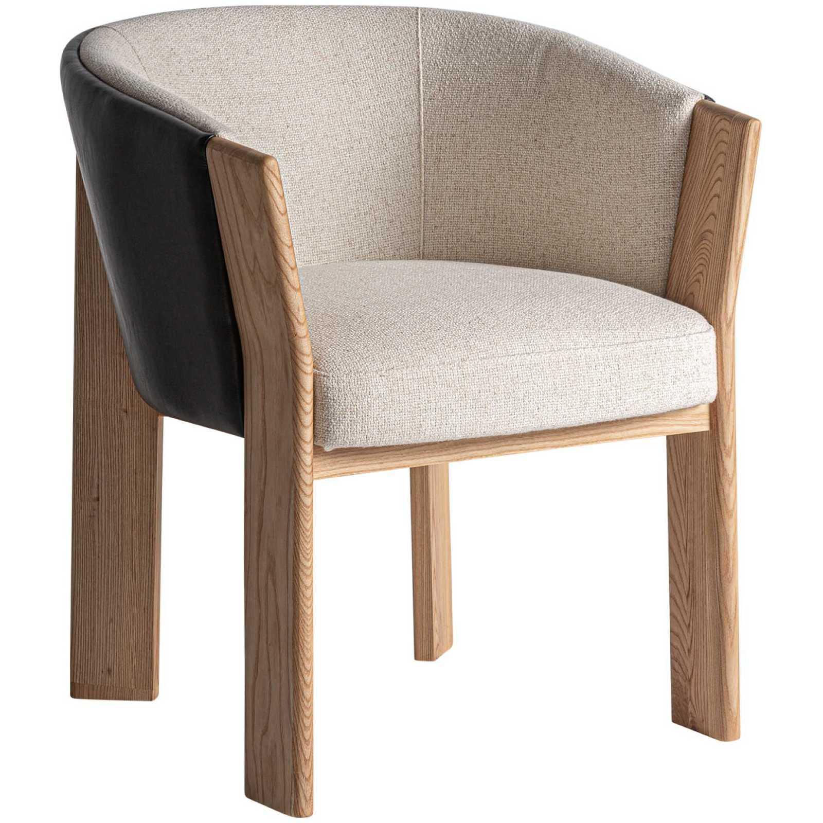 Design Holzstuhl mit Armlehne rund Nara Stoff beige Echtleder Eichenholz natur