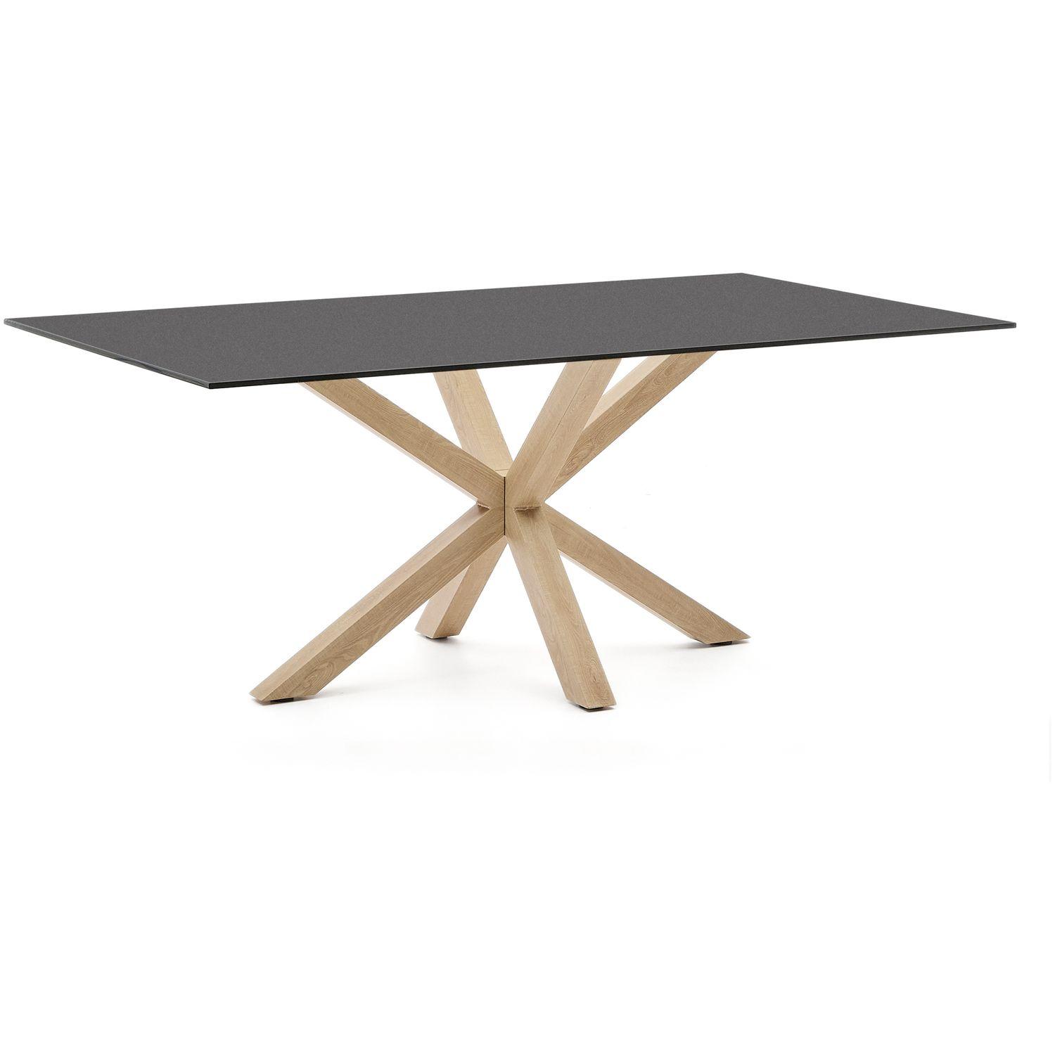 Argo Tisch aus schwarzem Glas und Stahlbeinen mit Holzoptik 200x100
