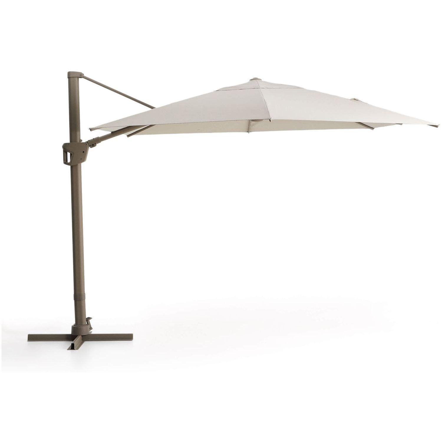Exzentrischer Sonnenschirm Noli in Beige mit taupefarbenem Aluminiumgestell 300x420