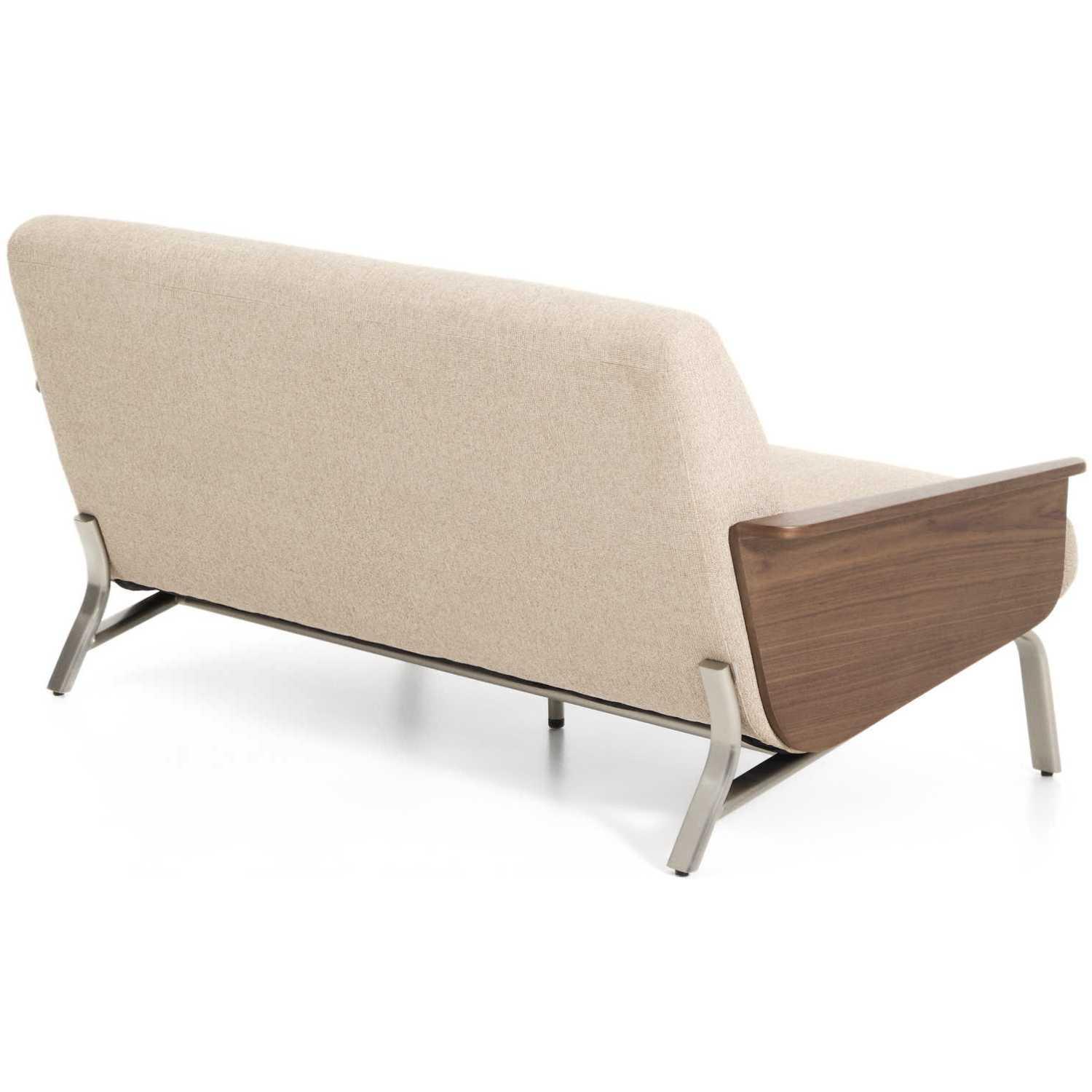 2-Sitzer-Sofa Amsen Nussbaumfurnier Chenille Stoff hellbraun Beine Edelstahl gebürstetet 150 FSC 100%