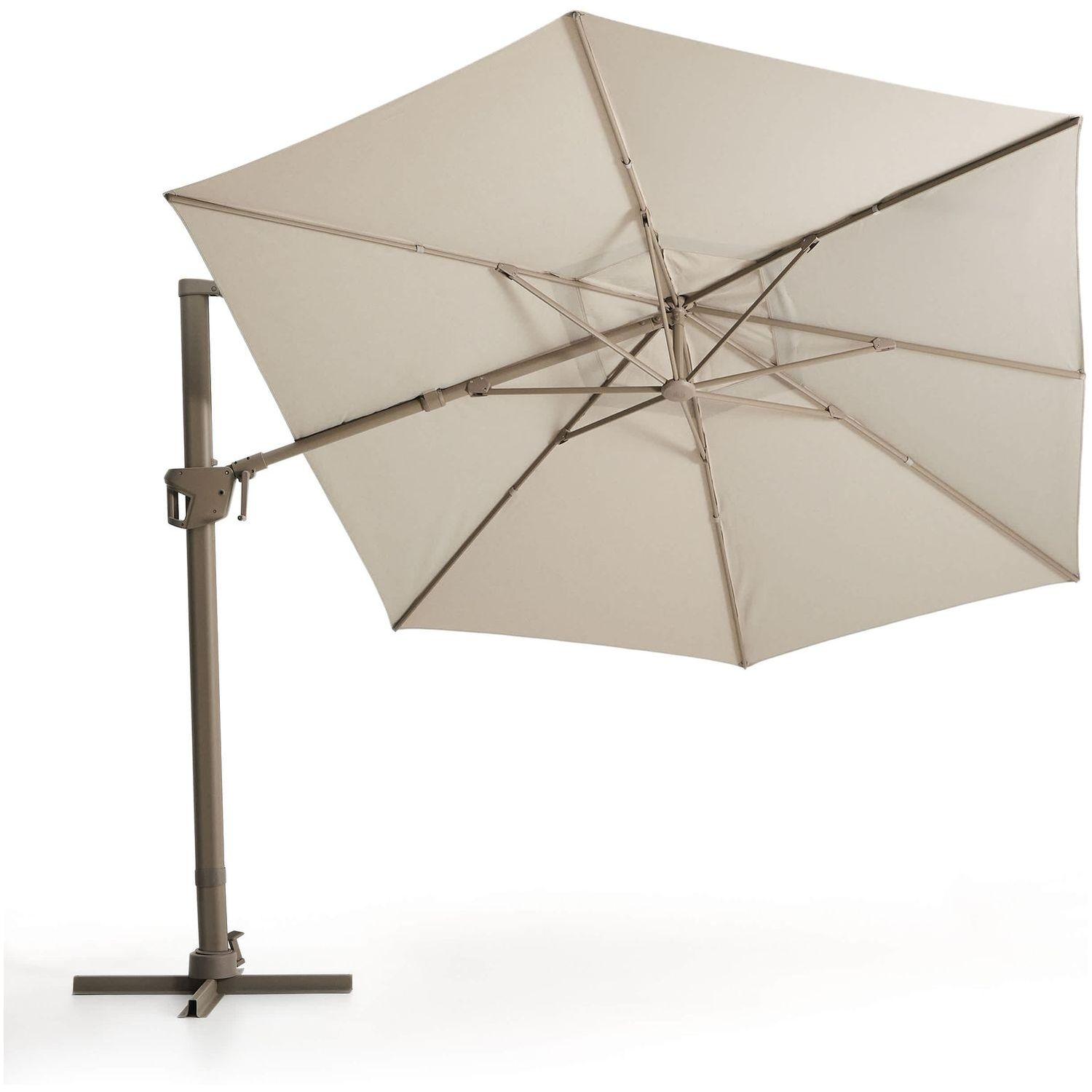 Exzentrischer Sonnenschirm Noli in Beige mit taupefarbenem Aluminiumgestell 300x420