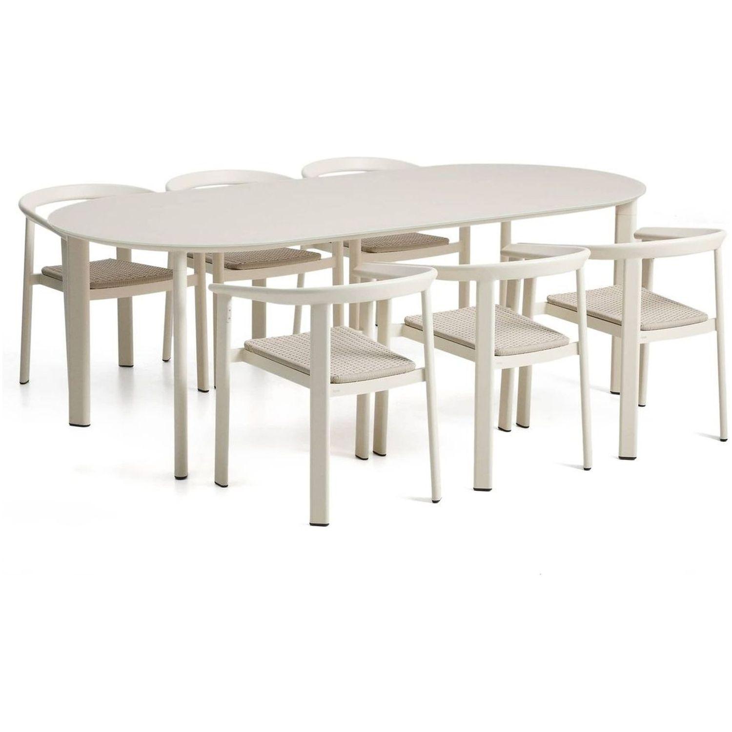 Set Erice mit 6 Stapelstühlen aus Aluminium und Seil und einem Tisch aus Aluminium und gehärtetem Glas in Ecru