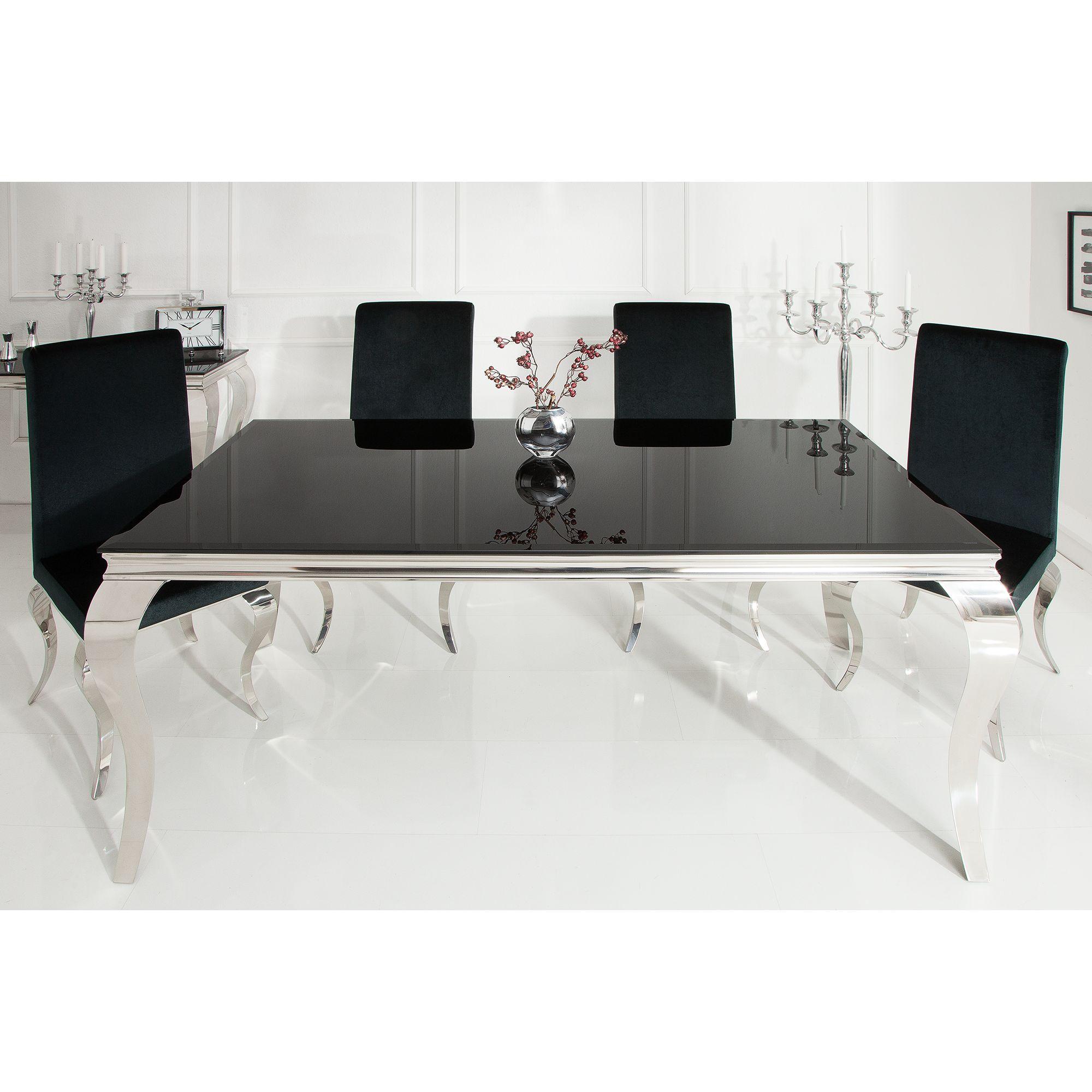 Design Esstisch Pomp Glas schwarz Gestell Edelstahl silber - Grösse: 180x90