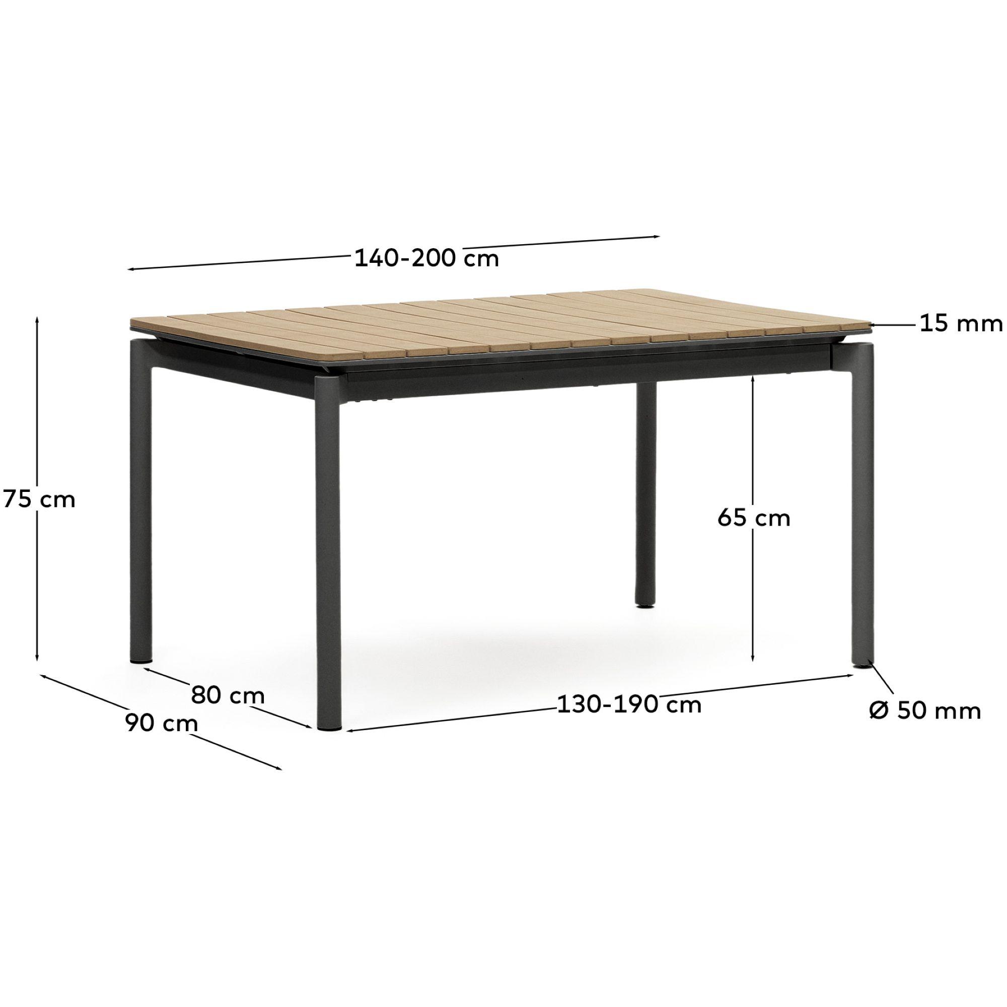 Canyelles Gartenausziehtisch aus Poly-Holz und mattschwarzem Aluminium 140-200x90