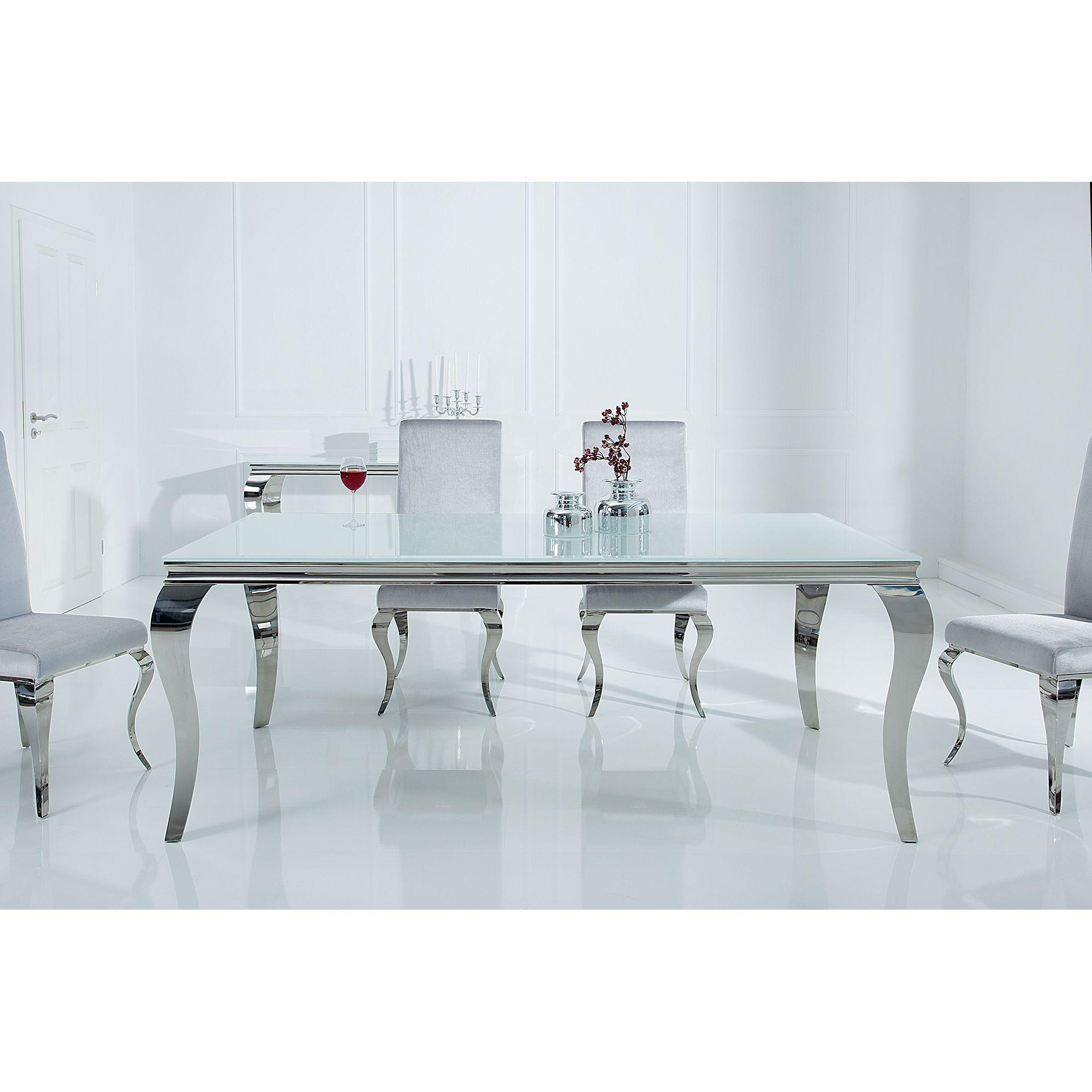 Design Esstisch Pomp Glas weiss Gestell Edelstahl silber - Grösse: 180x90