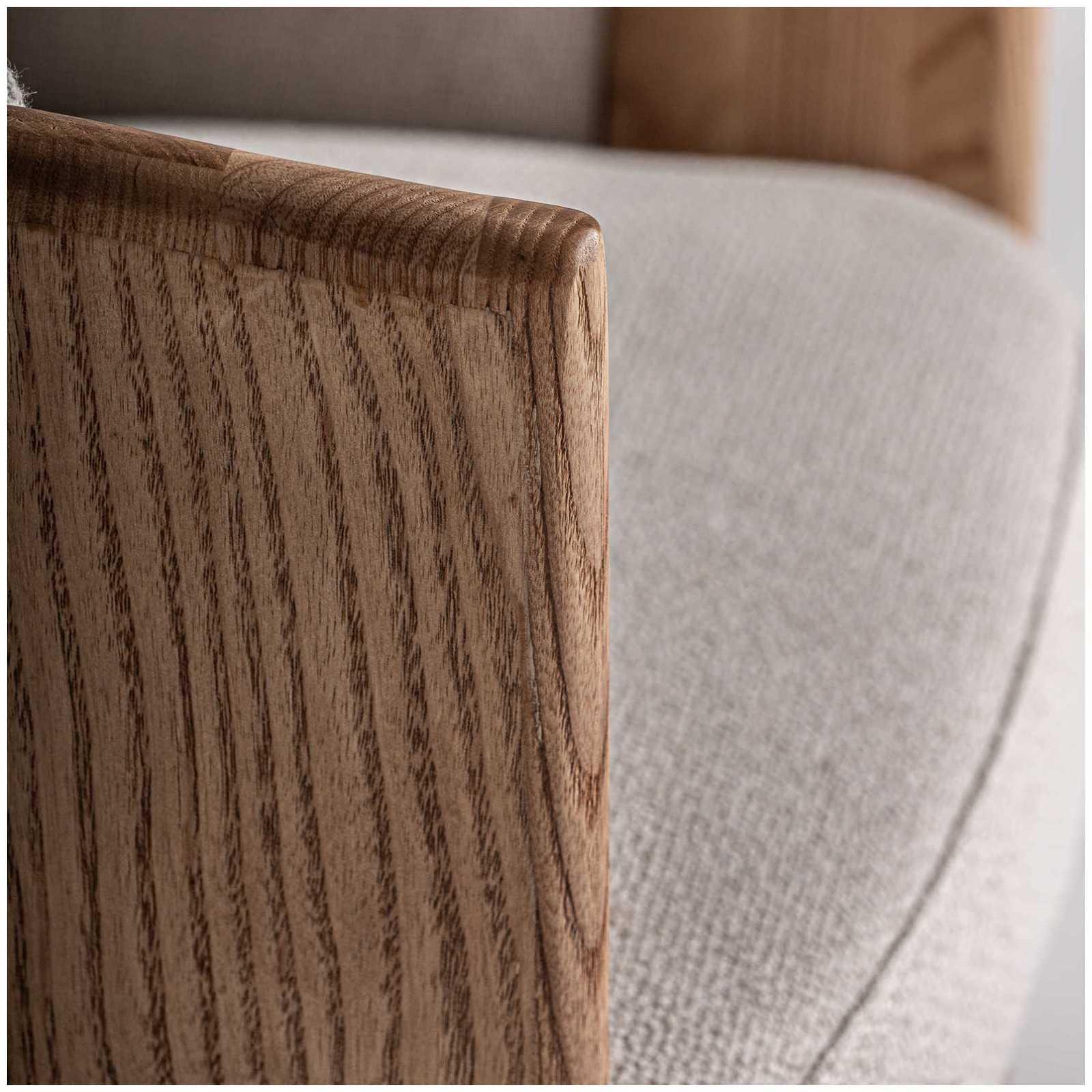 Design Holzstuhl mit Armlehne rund Nara Stoff beige Echtleder Eichenholz natur