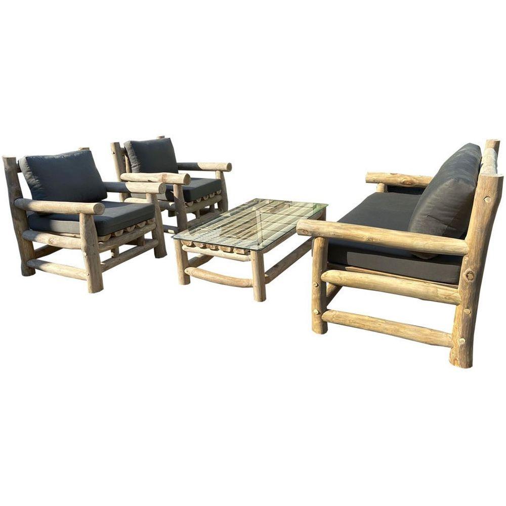 Garten Sitzgruppe Massivholz Teak natur Woody Baumstamm (4-teilig)