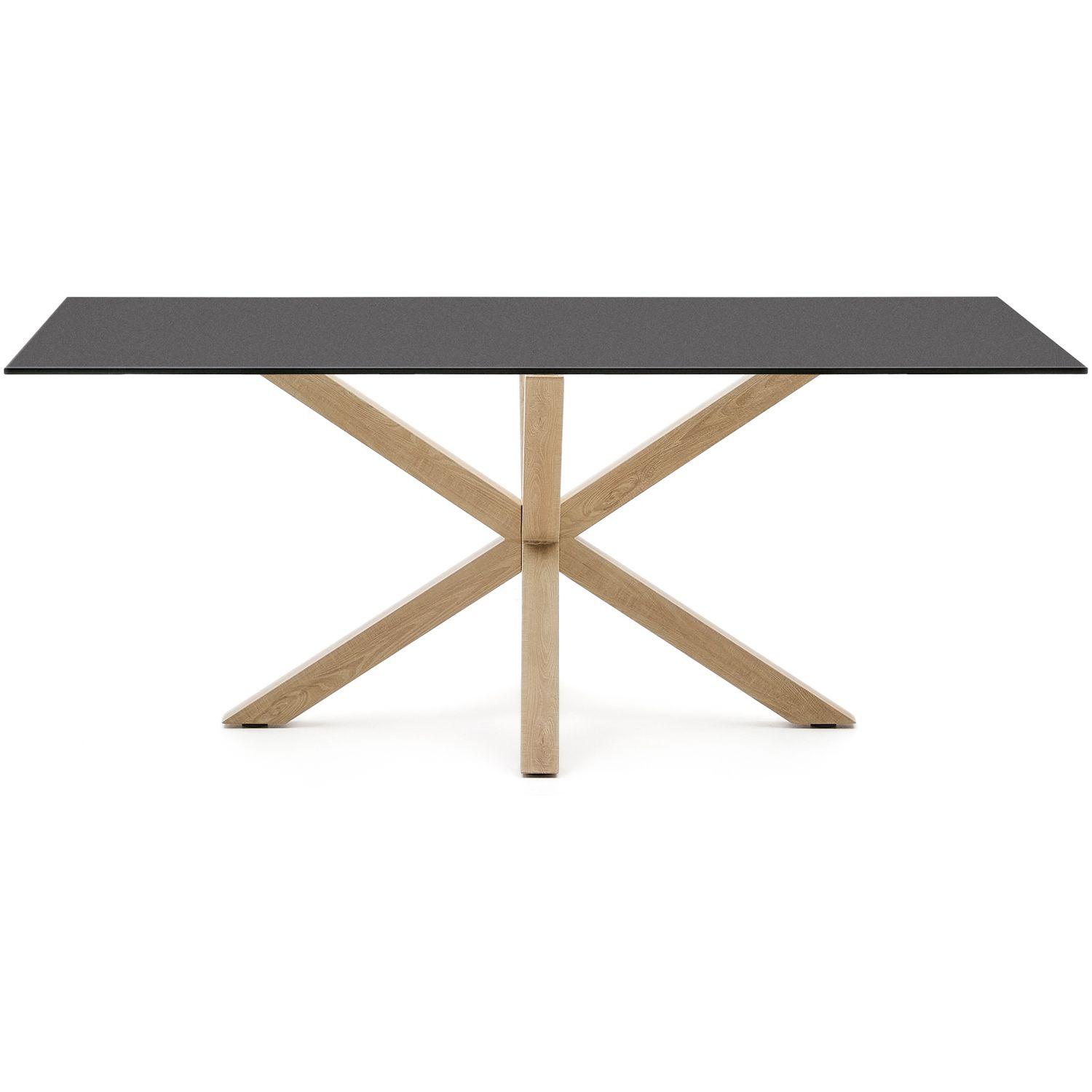 Argo Tisch aus schwarzem Glas und Stahlbeinen mit Holzoptik 200x100