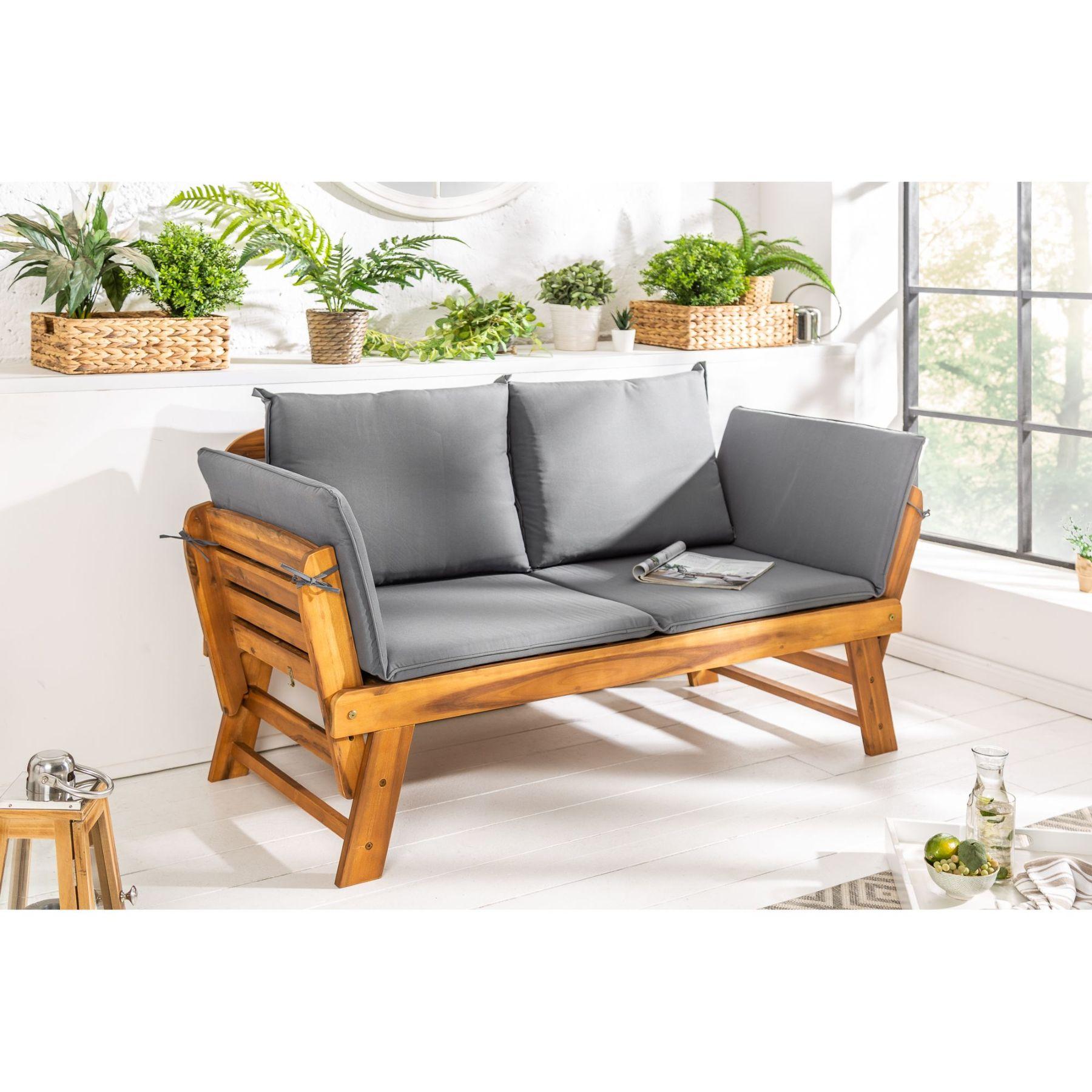 Gartenbank Gartensofa mit Funktion Akazienholz Natur Stoff Grau 152