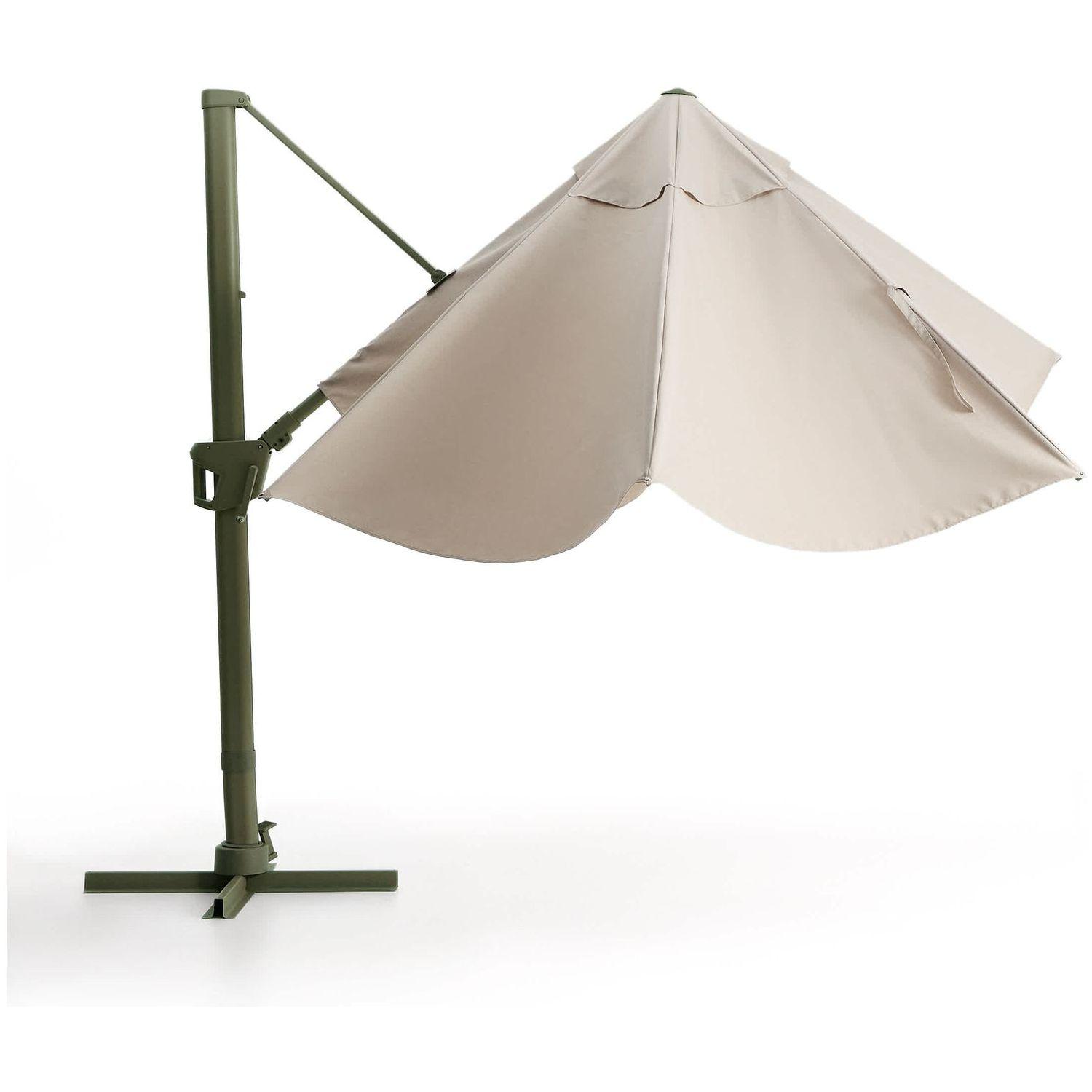 Exzentrischer Sonnenschirm Noli in Beige mit grünem Aluminiumgestell 300x420
