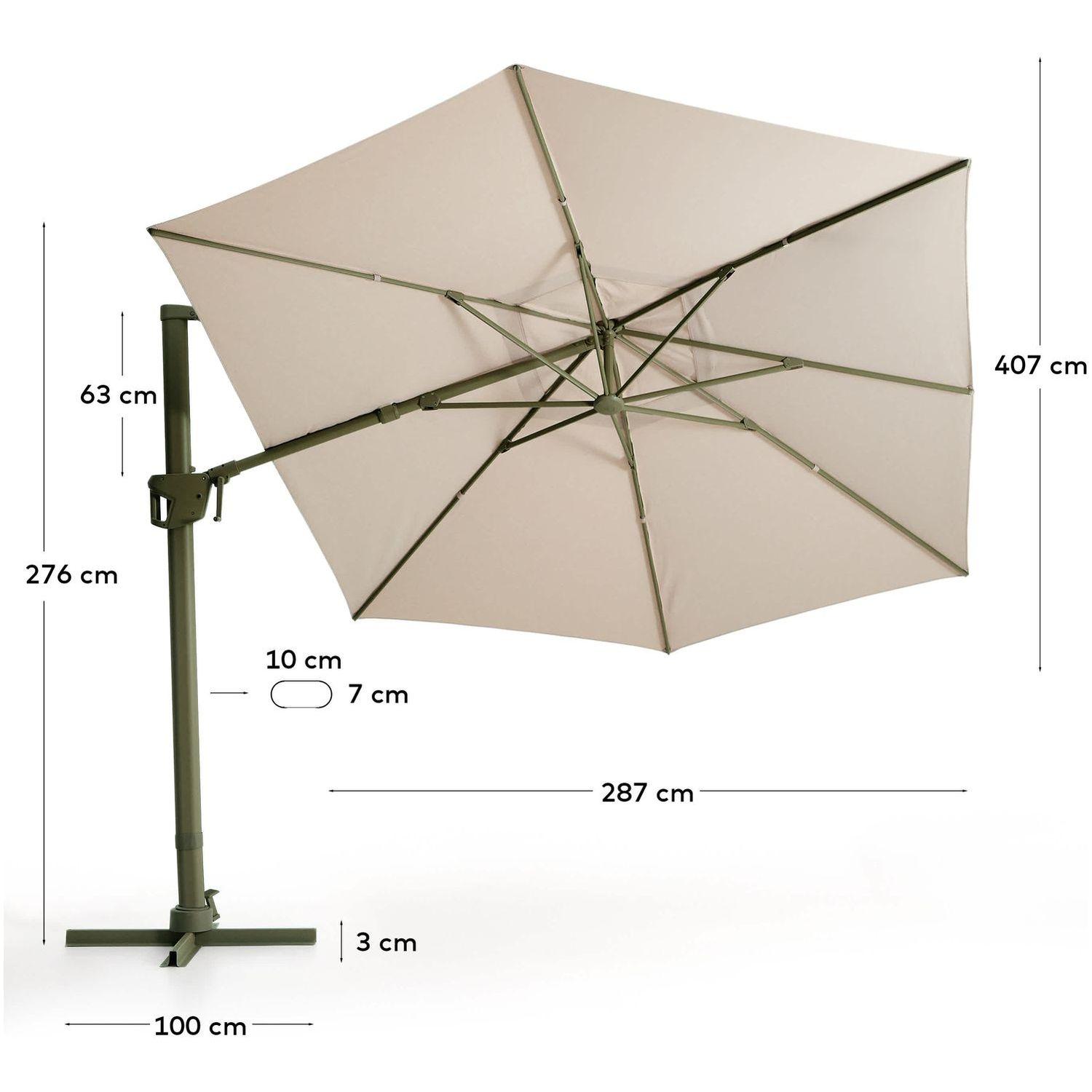 Exzentrischer Sonnenschirm Noli in Beige mit grünem Aluminiumgestell 300x420