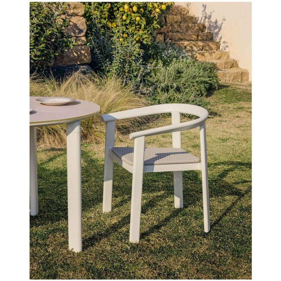 Set Erice mit 6 Stapelstühlen aus Aluminium und Seil und einem Tisch aus Aluminium und gehärtetem Glas in Ecru