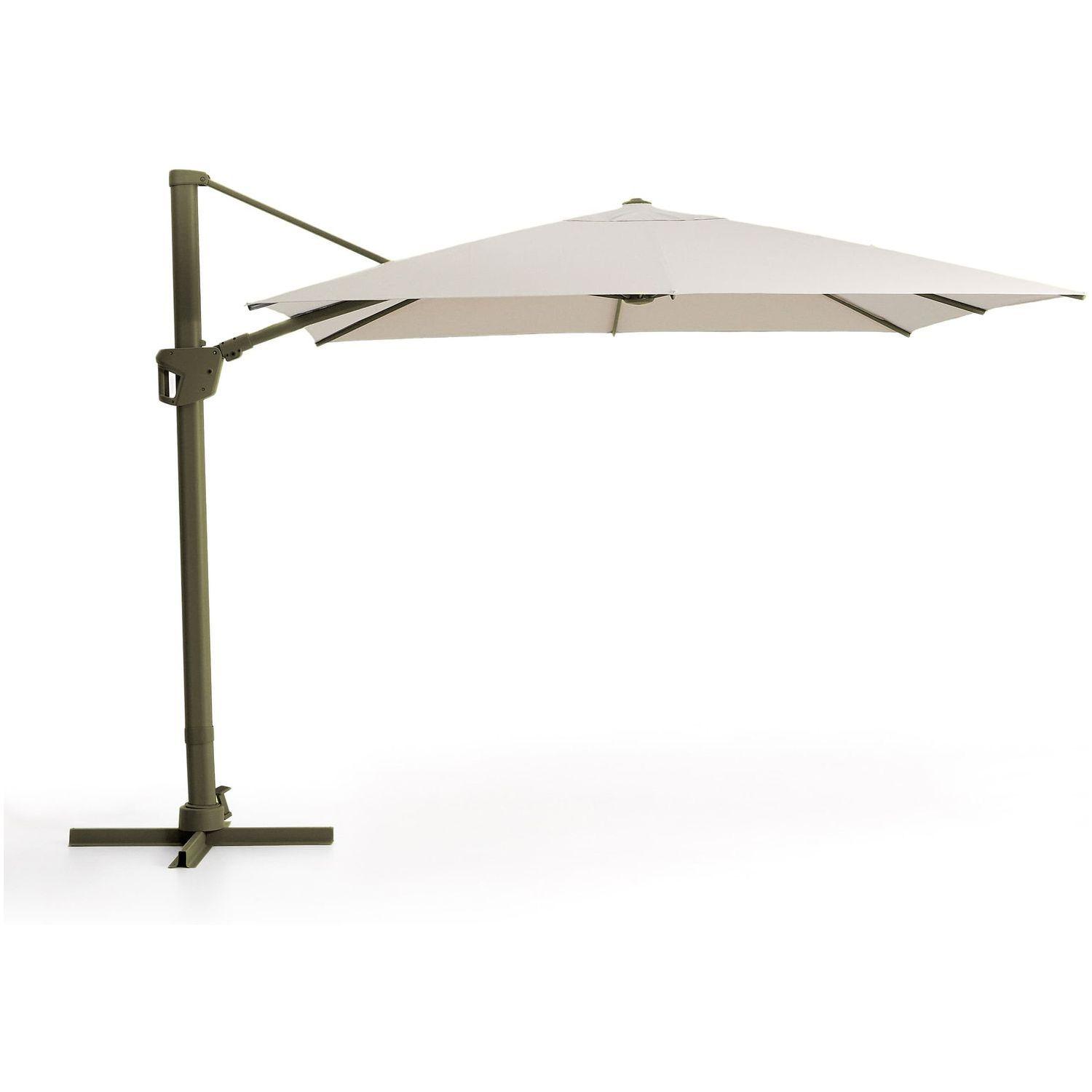 Exzentrischer Sonnenschirm Noli in Beige mit grünem Aluminiumgestell 300x300