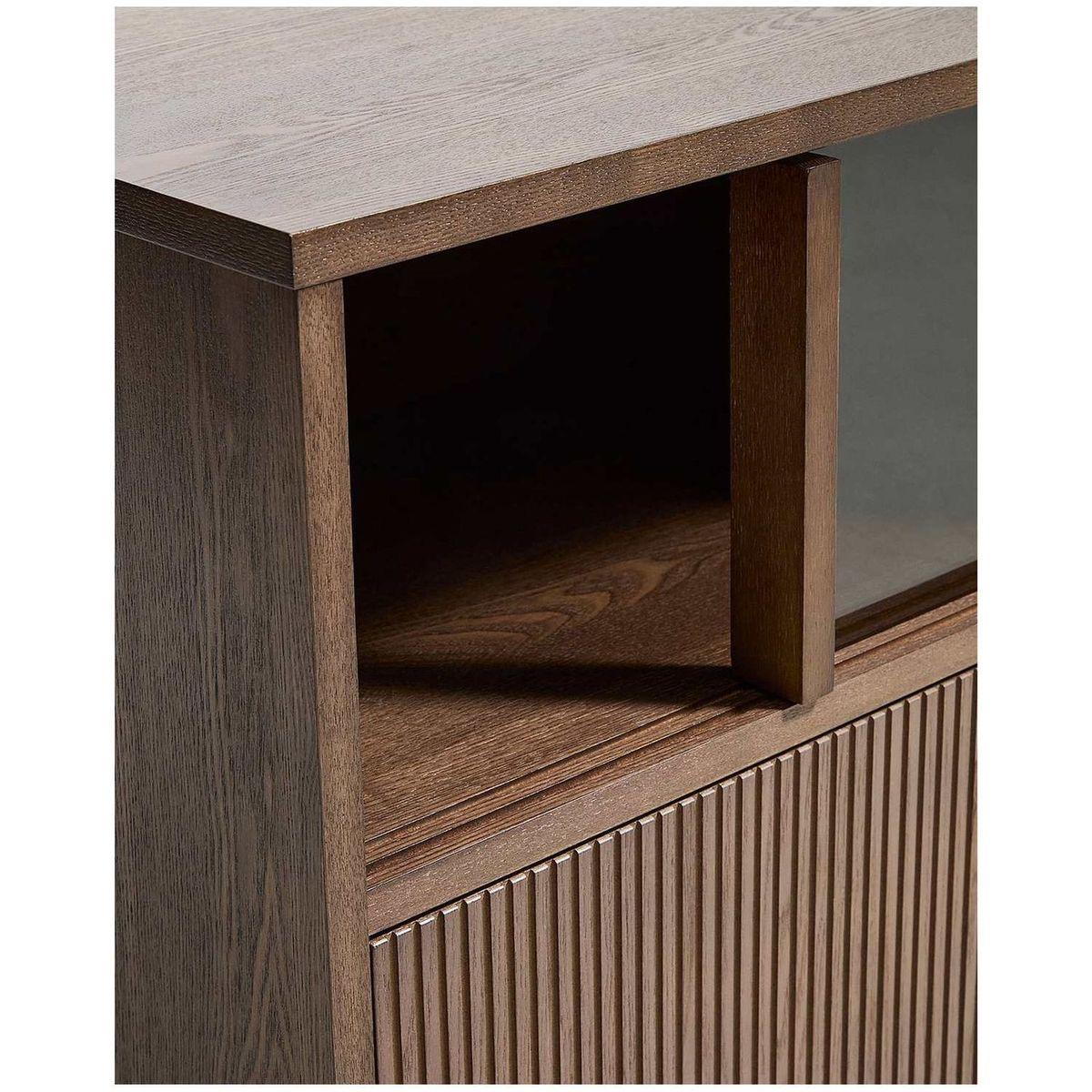 Helvine TV-Möbel 4 Türen und 2 Schubladen Eschenholzfurnier dunkles Nussbaum-Finish und gehärtetem Glas 200x54 FSC 100%