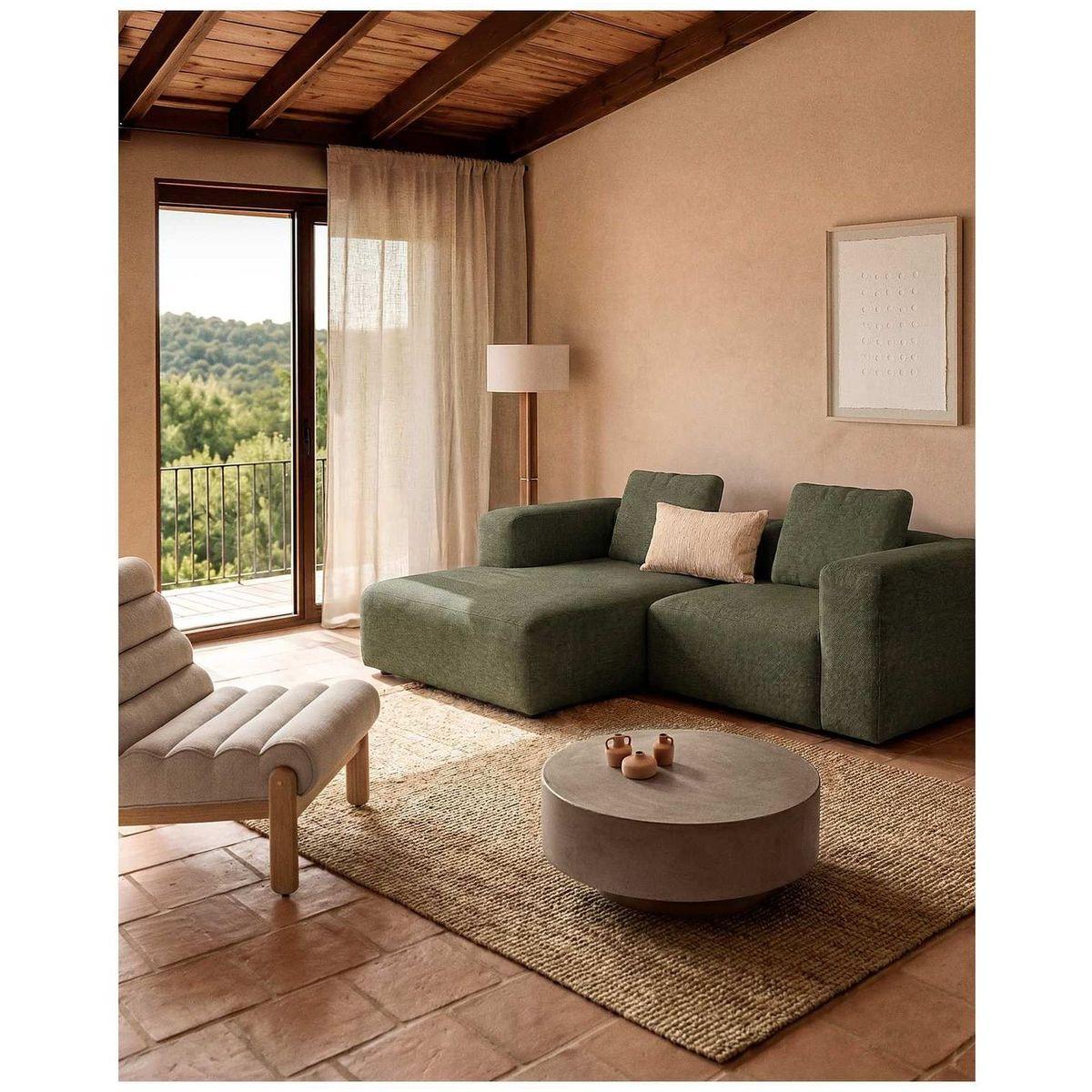 2-Sitzer-Sofa Blok mit Chaiselongue rechts in moosgrüner Chenille 240 cm FSC Mix Credit