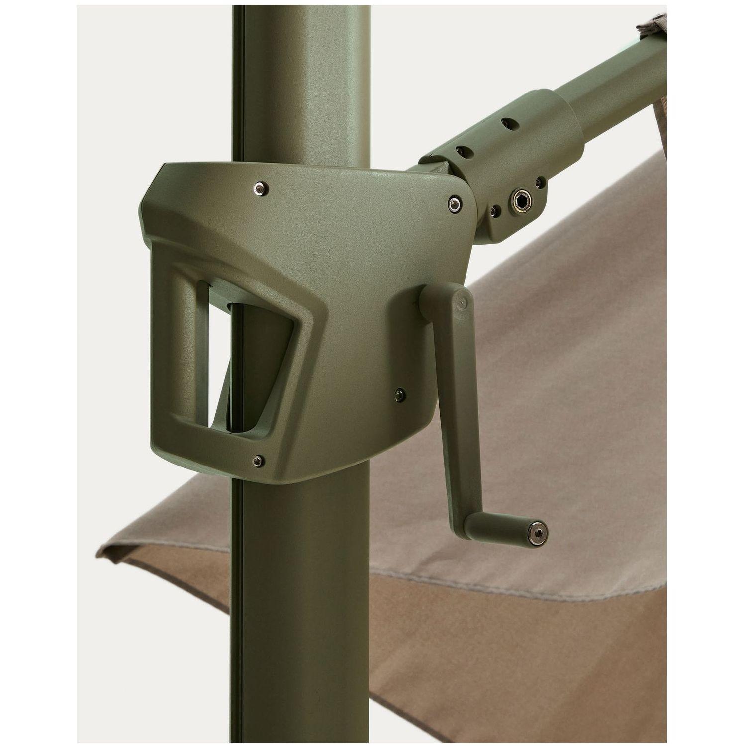 Exzentrischer Sonnenschirm Noli in Beige mit grünem Aluminiumgestell 300x300