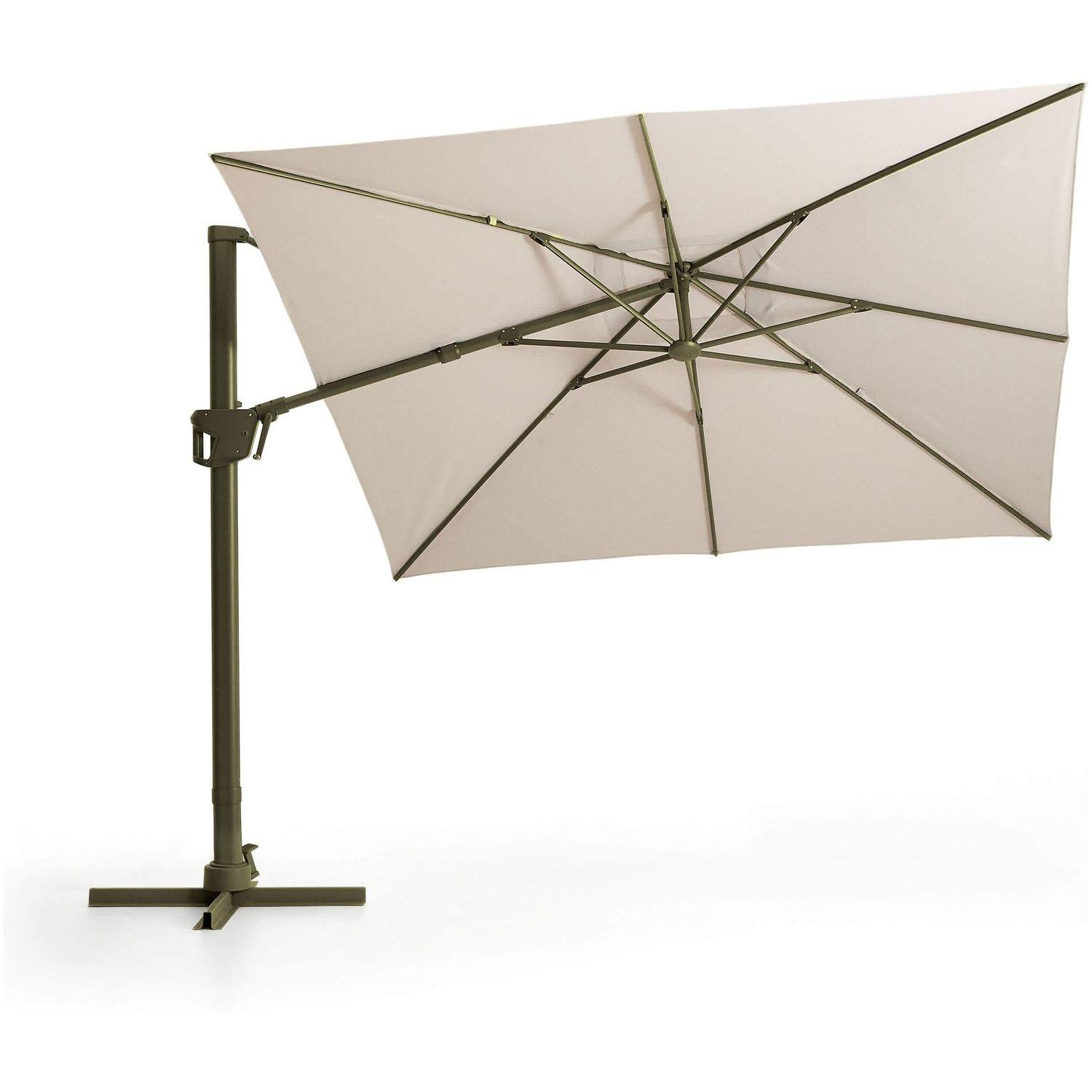 Exzentrischer Sonnenschirm Noli in Beige mit grünem Aluminiumgestell 300x300