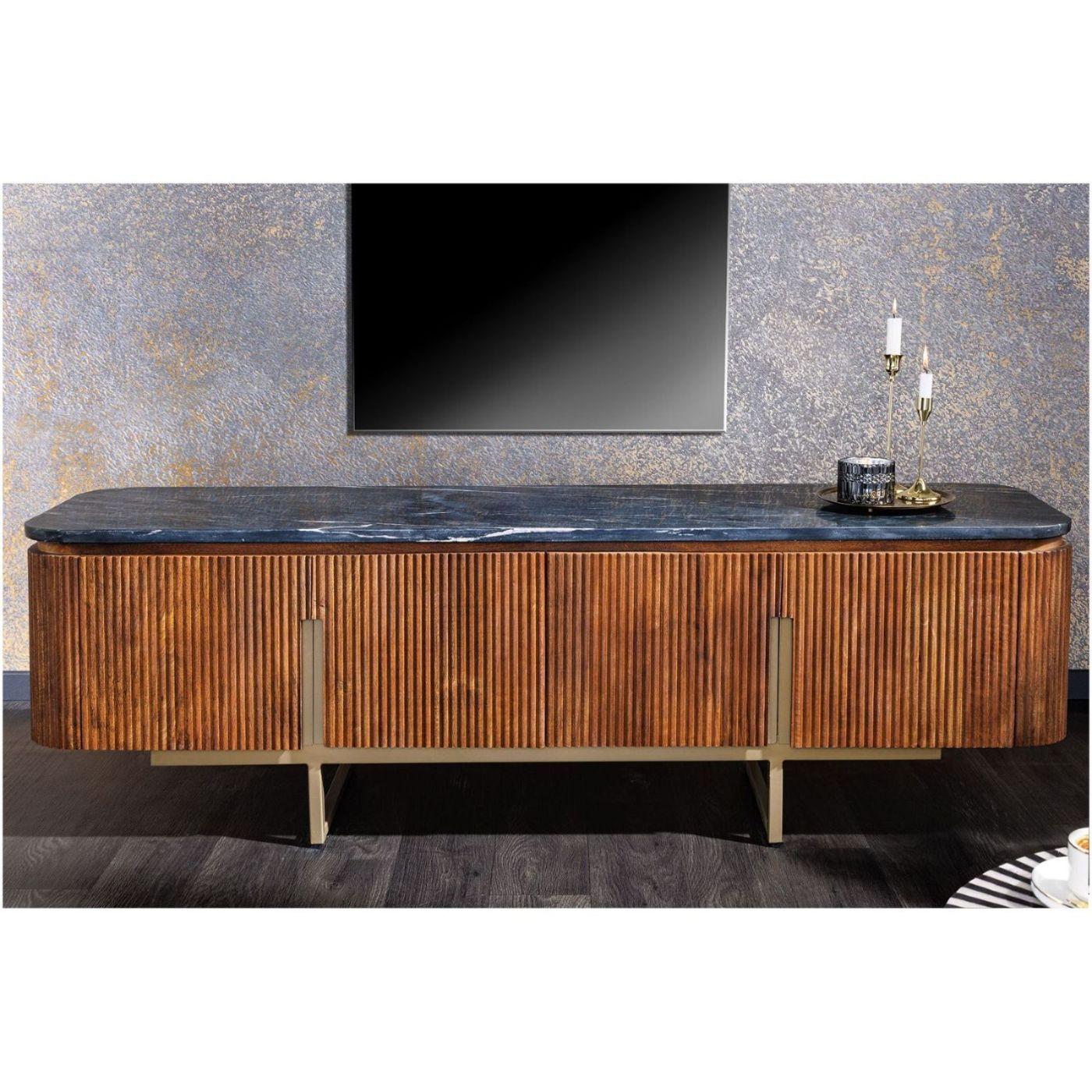 TV Board Lowboard abgerundet Cazeno Gold Marmor Mangoholz braun 160