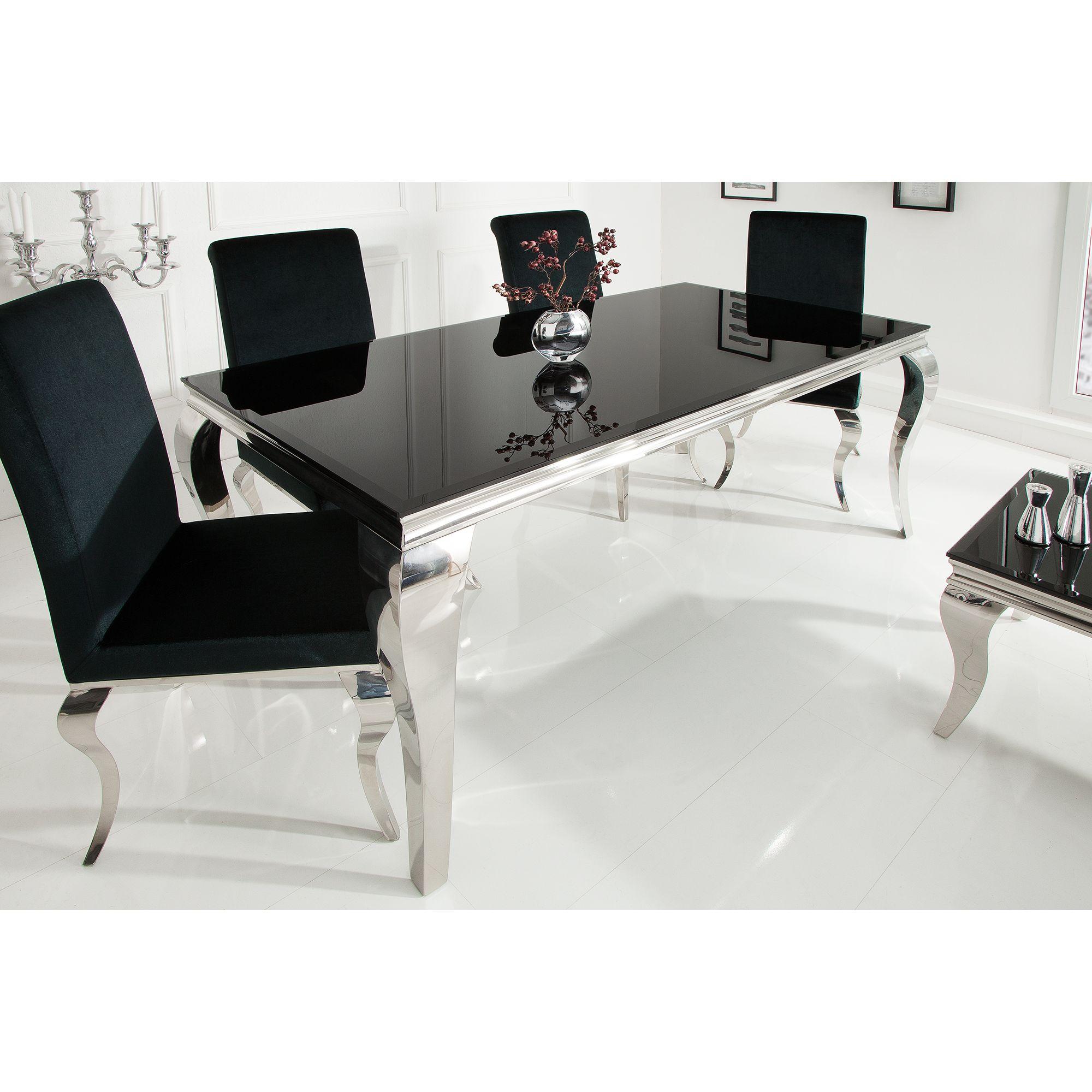 Design Esstisch Pomp Glas schwarz Gestell Edelstahl silber - Grösse: 180x90