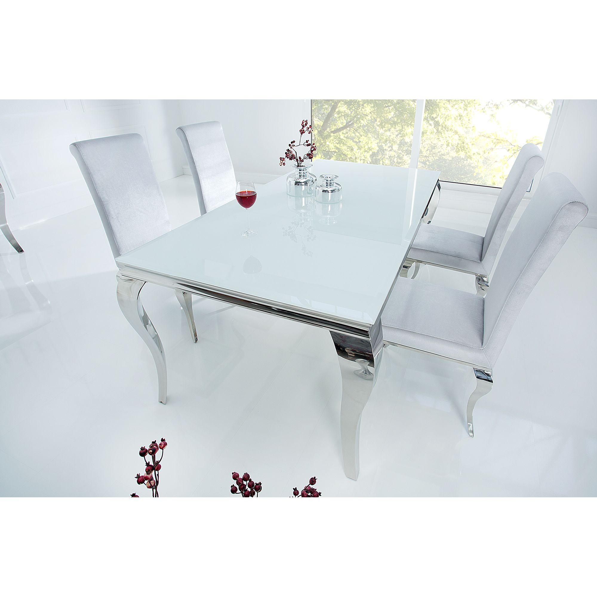 Design Esstisch Pomp Glas weiss Gestell Edelstahl silber - Grösse: 180x90