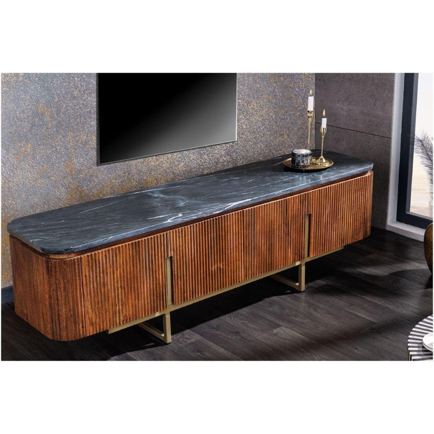 TV Board Lowboard abgerundet Cazeno Gold Marmor Mangoholz braun 160