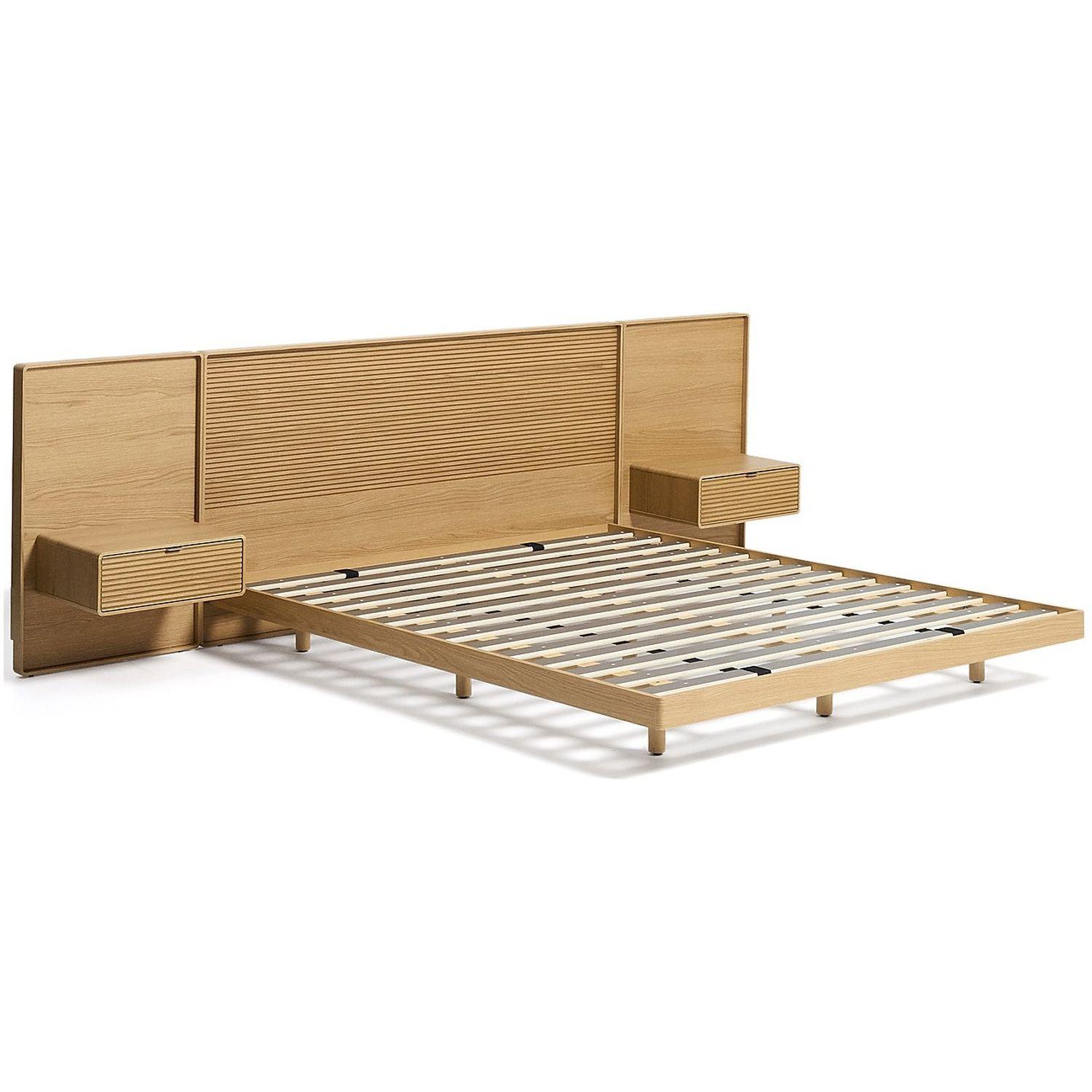 Bett Norlen mit 2 Nachttischen aus Eichenfurnier mit naturfarbenem Finish und LED-Licht für Matratzen 160x200 FSC Mix Credit