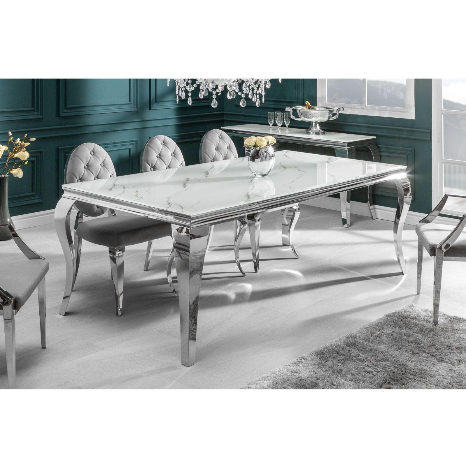 Design Esstisch Pomp Glas Marmor-Optik Gestell Edelstahl silber - Grösse: 180x90