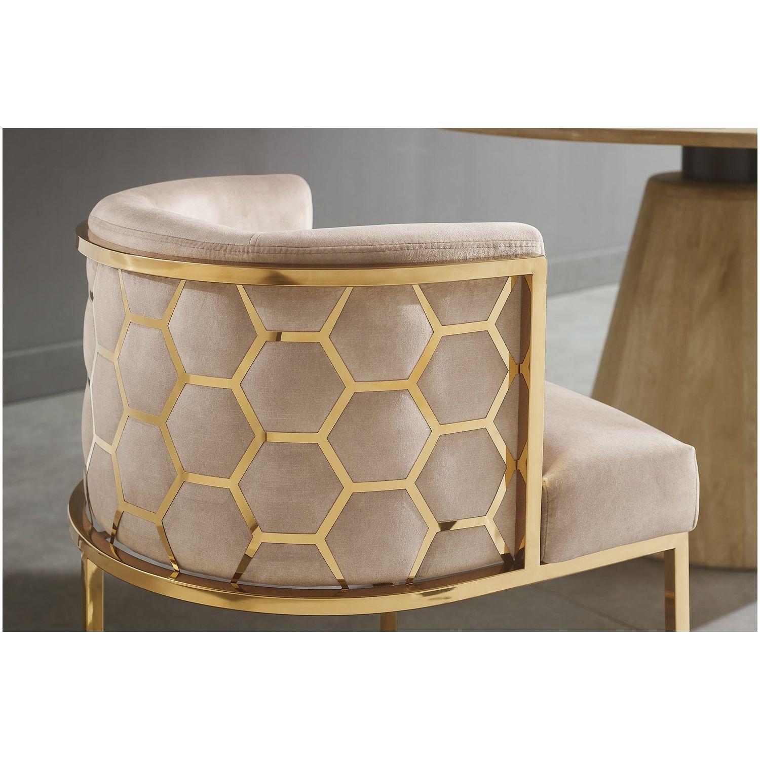 Design Armlehnstuhl Monaco Samt Stoff beige Edelstahl gold