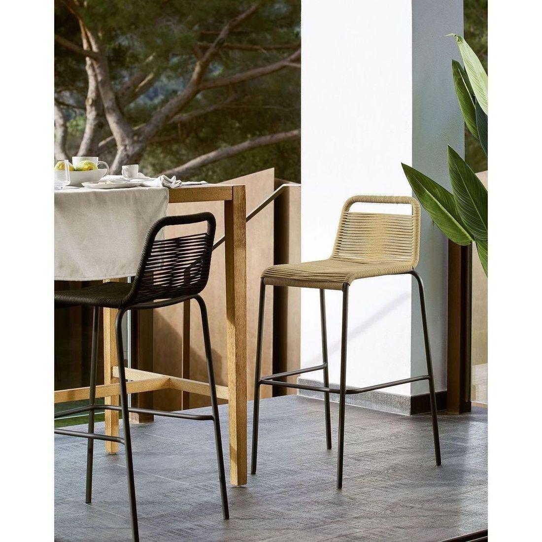 Barhocker Outdoor Garten Lambton aus braunem Seil und Stahl mit schwarzem Finish Höhe  62 cm