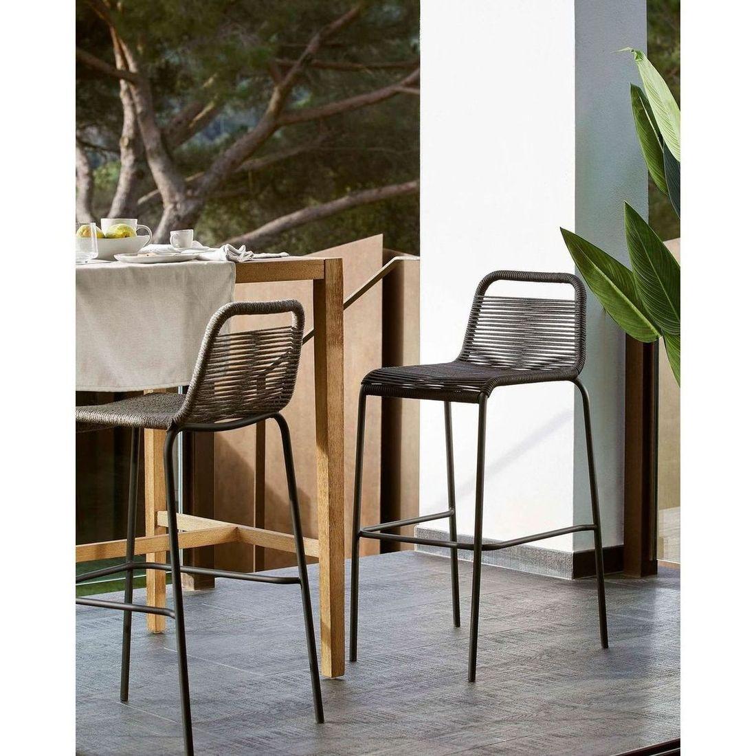 Barhocker Outdoor Garten Lambton aus schwarzem Seil und Stahl mit schwarzem Finish Höhe 74 cm