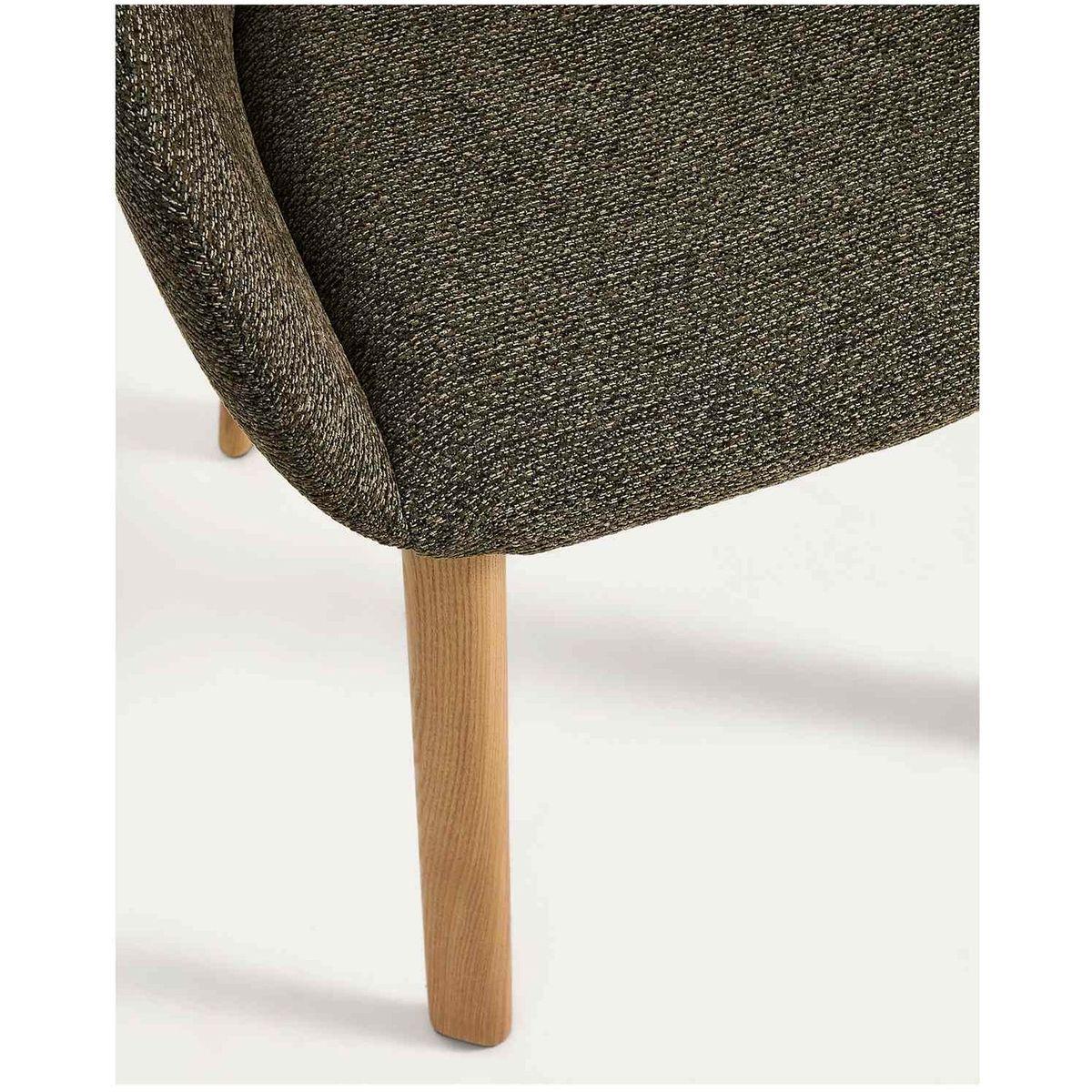 Armlehnenstuhl Meila mit grüner Chenille und Beinen aus massivem Eschenholz mit naturfarbenem Finish