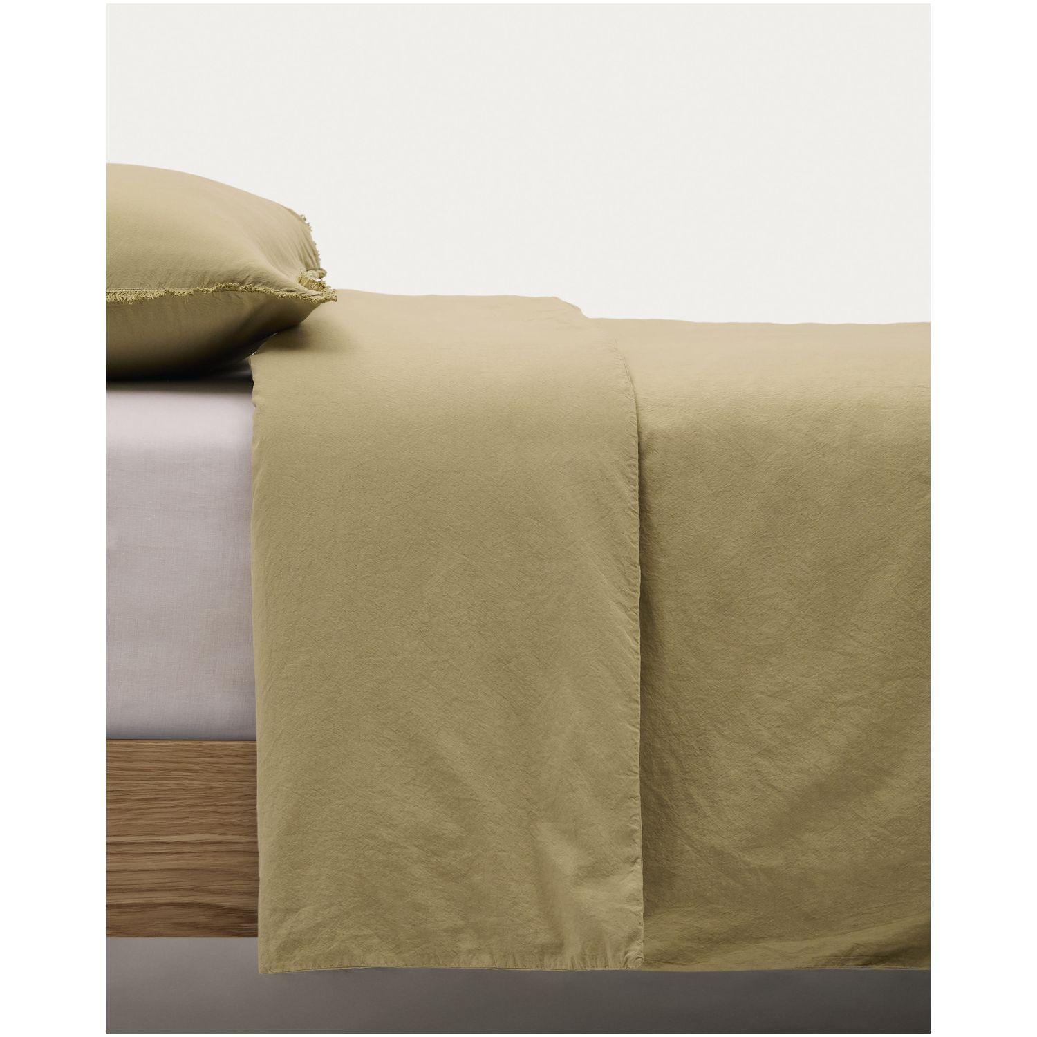Set Sifinia Bezüge für Decke und Kopfkissen 100% Baumwollperkal Fransen grün Bett 90 cm