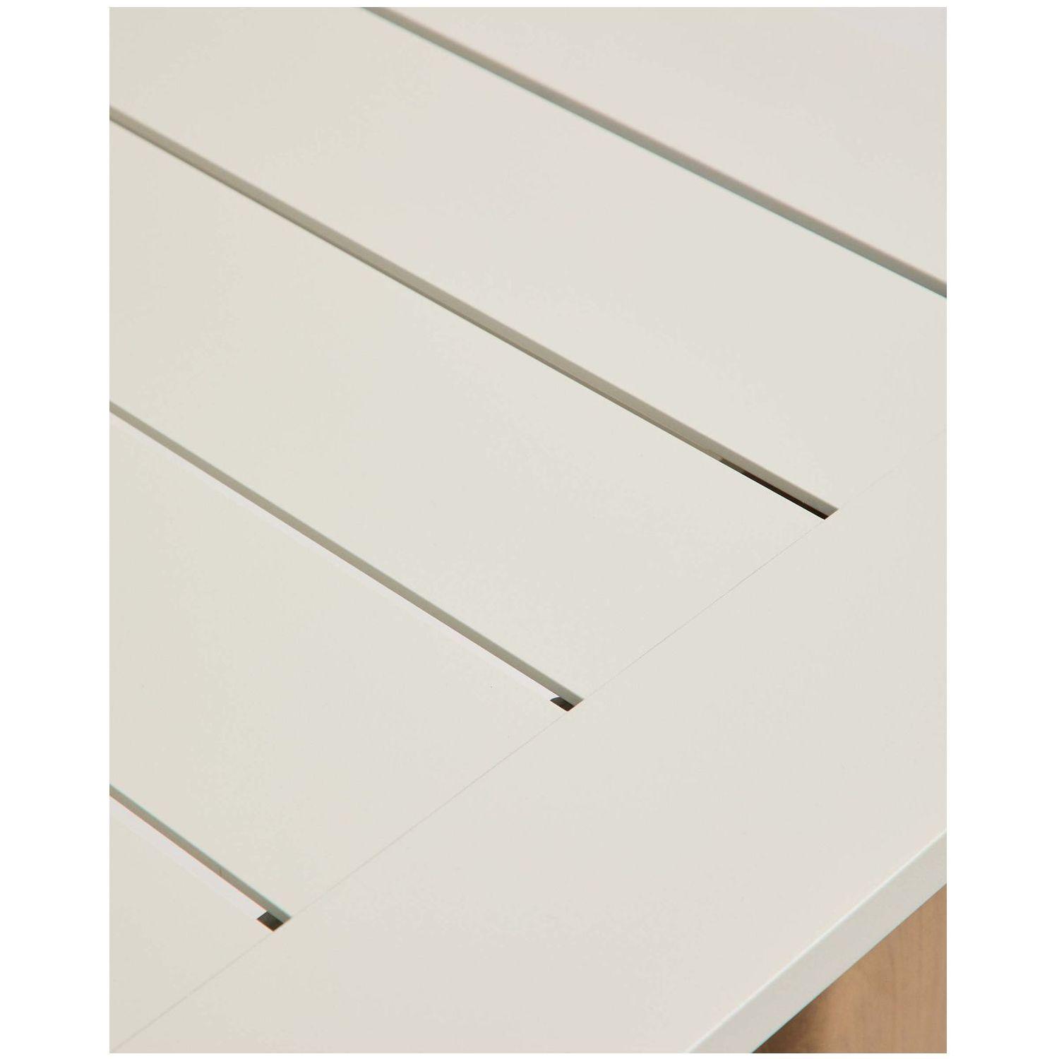 Ausziehtisch-Set Livorno aus Aluminium beige mit Holzoptik-Beinen und 6 Stapelstühlen Linosa aus Aluminium Ecru mit beigem Kissen 205-287x100