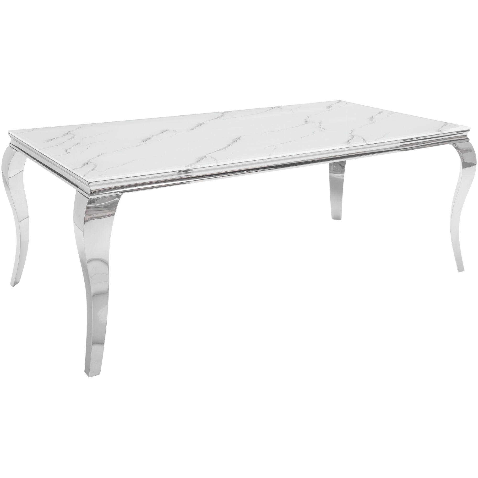 Design Esstisch Pomp Glas Marmor-Optik Gestell Edelstahl silber - Grösse: 180x90