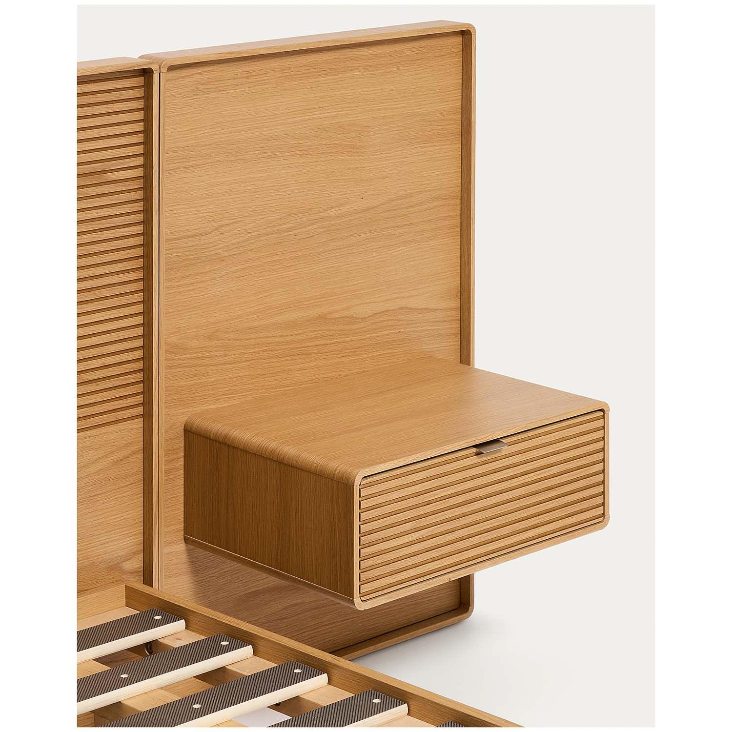 Bett Norlen mit 2 Nachttischen aus Eichenfurnier mit naturfarbenem Finish und LED-Licht für Matratzen 180x200 FSC Mix Credit