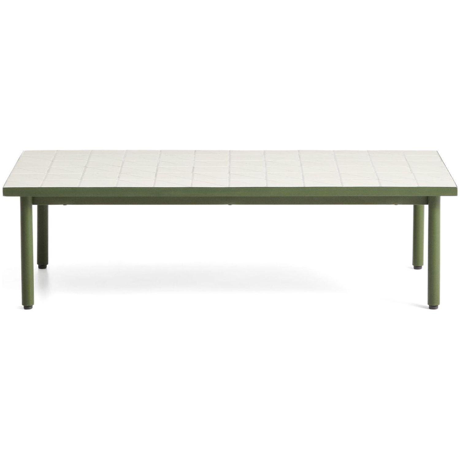 Couchtisch Maurina aus verzinktem Stahl in Grün mit ecrufarbenen Kacheln 122x61