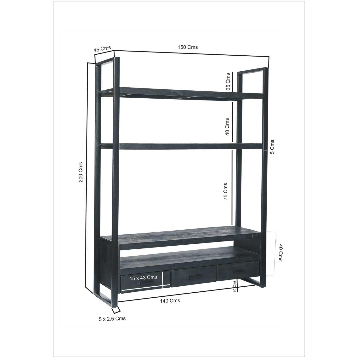 TV Möbel Standregal mit Schubladen Chuck Mangoholz vintage schwarz 150x200