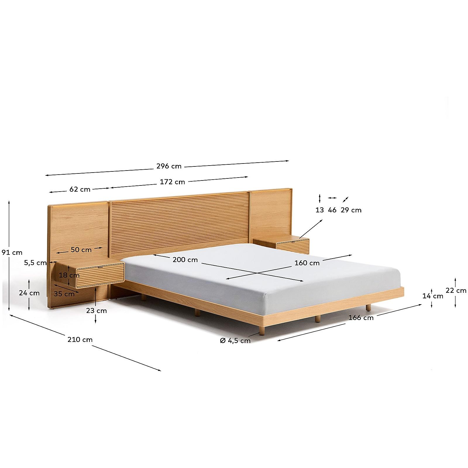 Bett Norlen mit 2 Nachttischen aus Eichenfurnier mit naturfarbenem Finish und LED-Licht für Matratzen 160x200 FSC Mix Credit